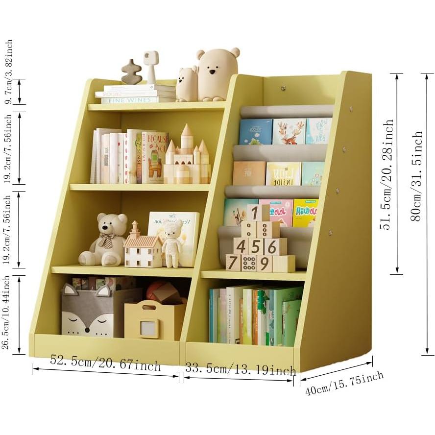 KEIKI 4-Tier Kids Bookshelf, Wooden Toy Storage Organizer Cabinet w/Adjustable Shelf, Montessori Kids Bookcase for Playroom Bedroom Nursery Hallway School, Yellow