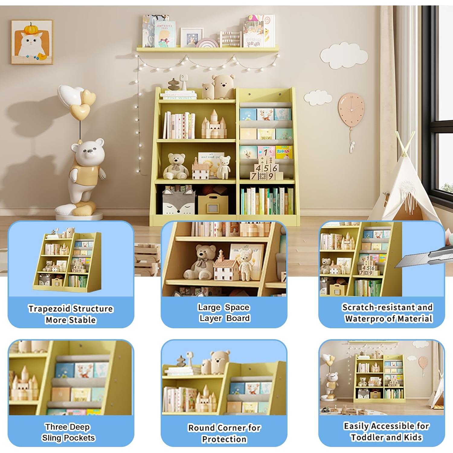 KEIKI 4-Tier Kids Bookshelf, Wooden Toy Storage Organizer Cabinet w/Adjustable Shelf, Montessori Kids Bookcase for Playroom Bedroom Nursery Hallway School, Yellow