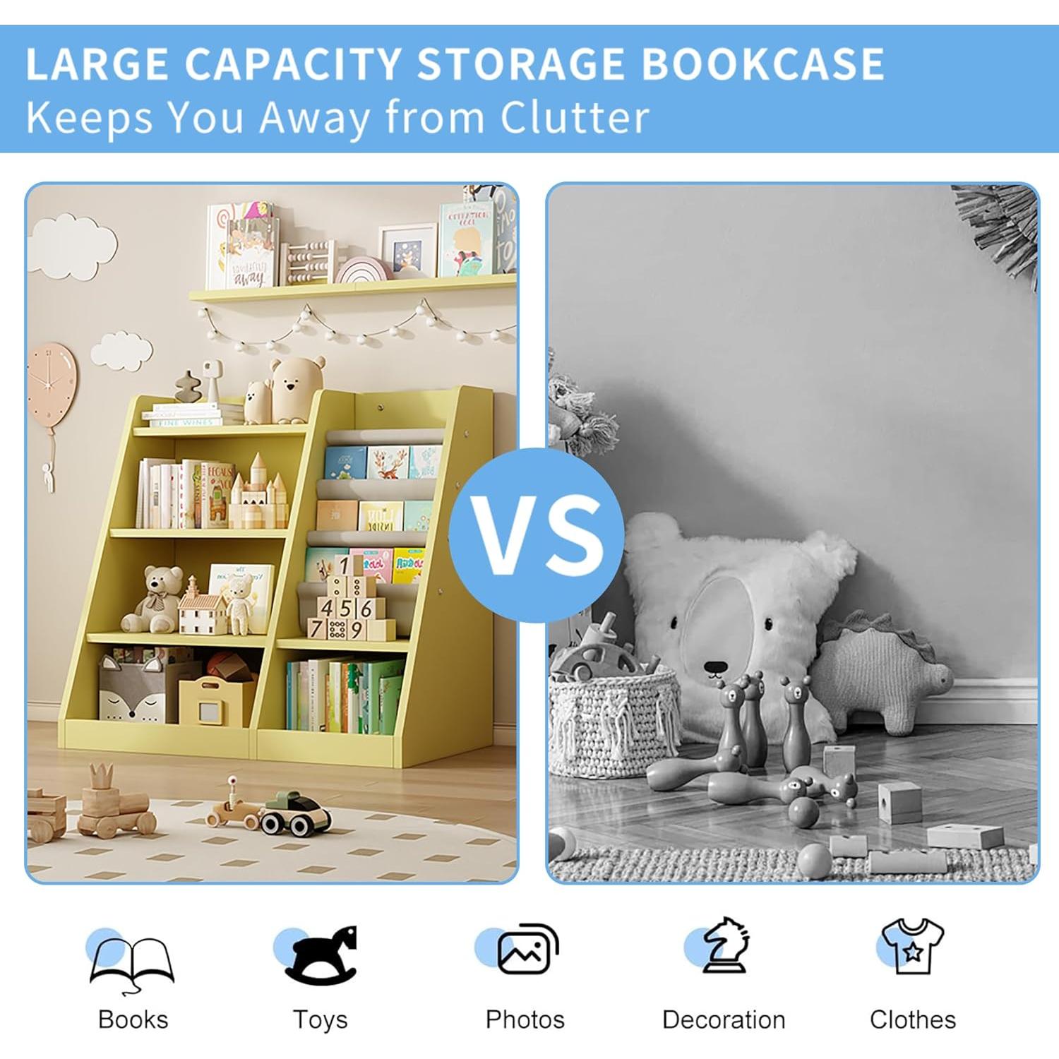 KEIKI 4-Tier Kids Bookshelf, Wooden Toy Storage Organizer Cabinet w/Adjustable Shelf, Montessori Kids Bookcase for Playroom Bedroom Nursery Hallway School, Yellow