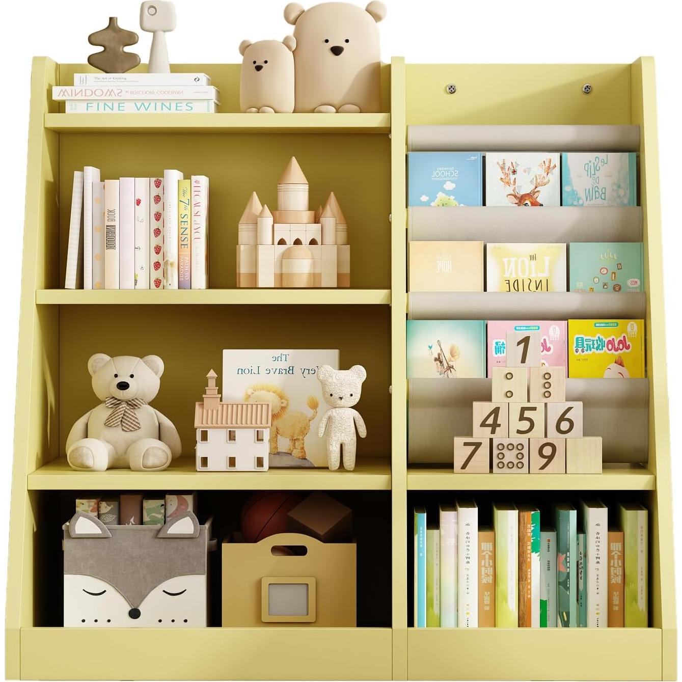 KEIKI 4-Tier Kids Bookshelf, Wooden Toy Storage Organizer Cabinet w/Adjustable Shelf, Montessori Kids Bookcase for Playroom Bedroom Nursery Hallway School, Yellow