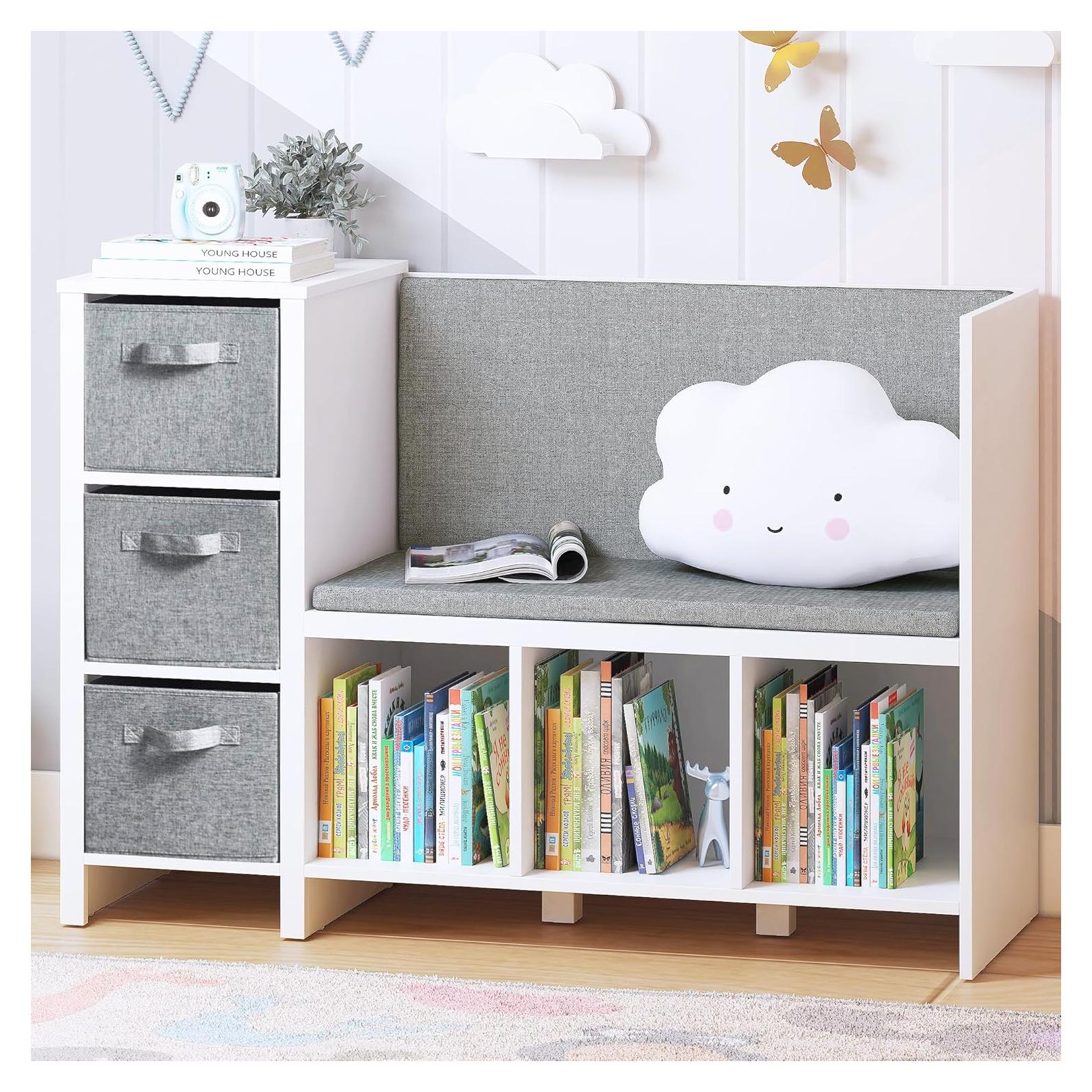 Banco de Lectura Infantil UTEX con Estantería y Cojín Blanco