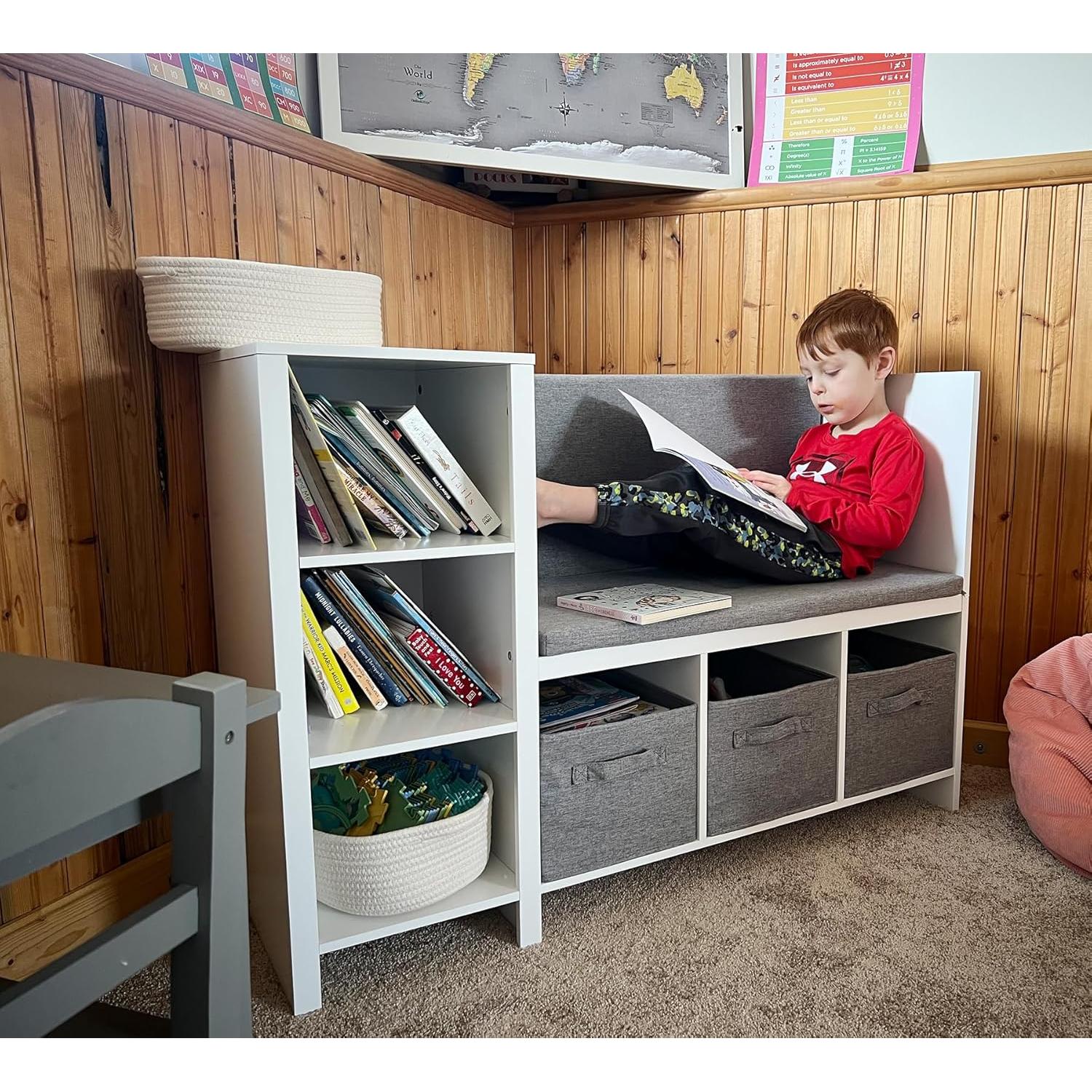 Banco de Lectura Infantil UTEX con Estantería y Cojín Blanco