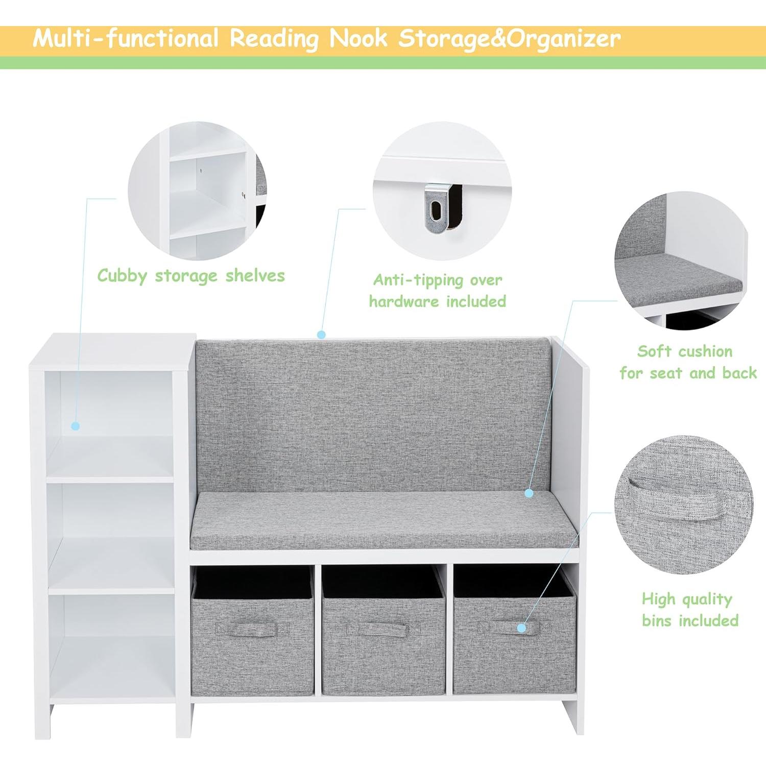 Banco de Lectura Infantil UTEX con Estantería y Cojín Blanco