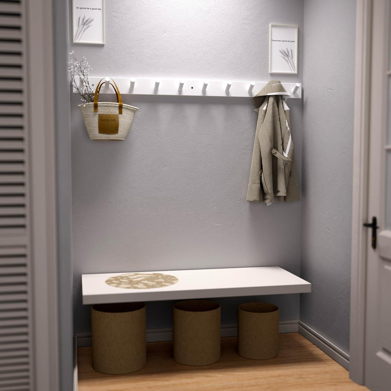 Perchero de Madera SKOLOO Blanco Montado en Pared 10 Ganchos