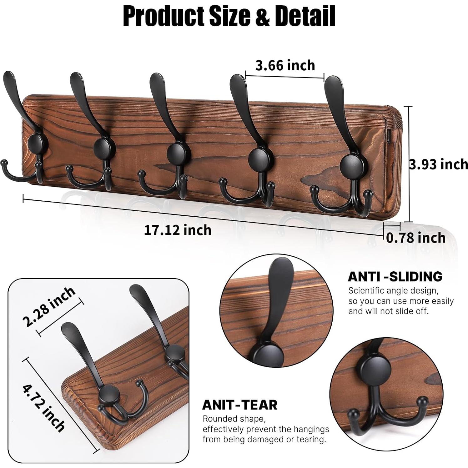 Perchero de pared rústico Gohiuo con 5 ganchos triples