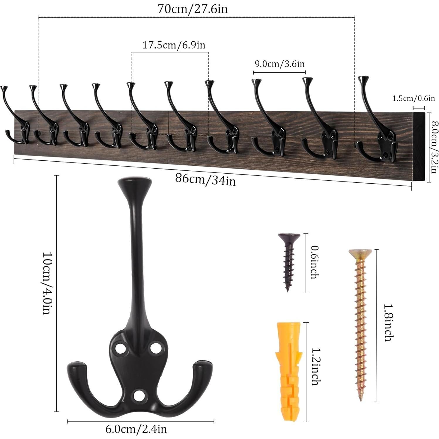 Perchero de pared IBosins 10 ganchos madera antigua 86 cm
