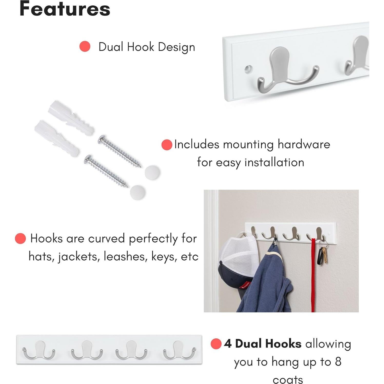 Perchero de Pared BirdRock Home con 4 Ganchos Dobles