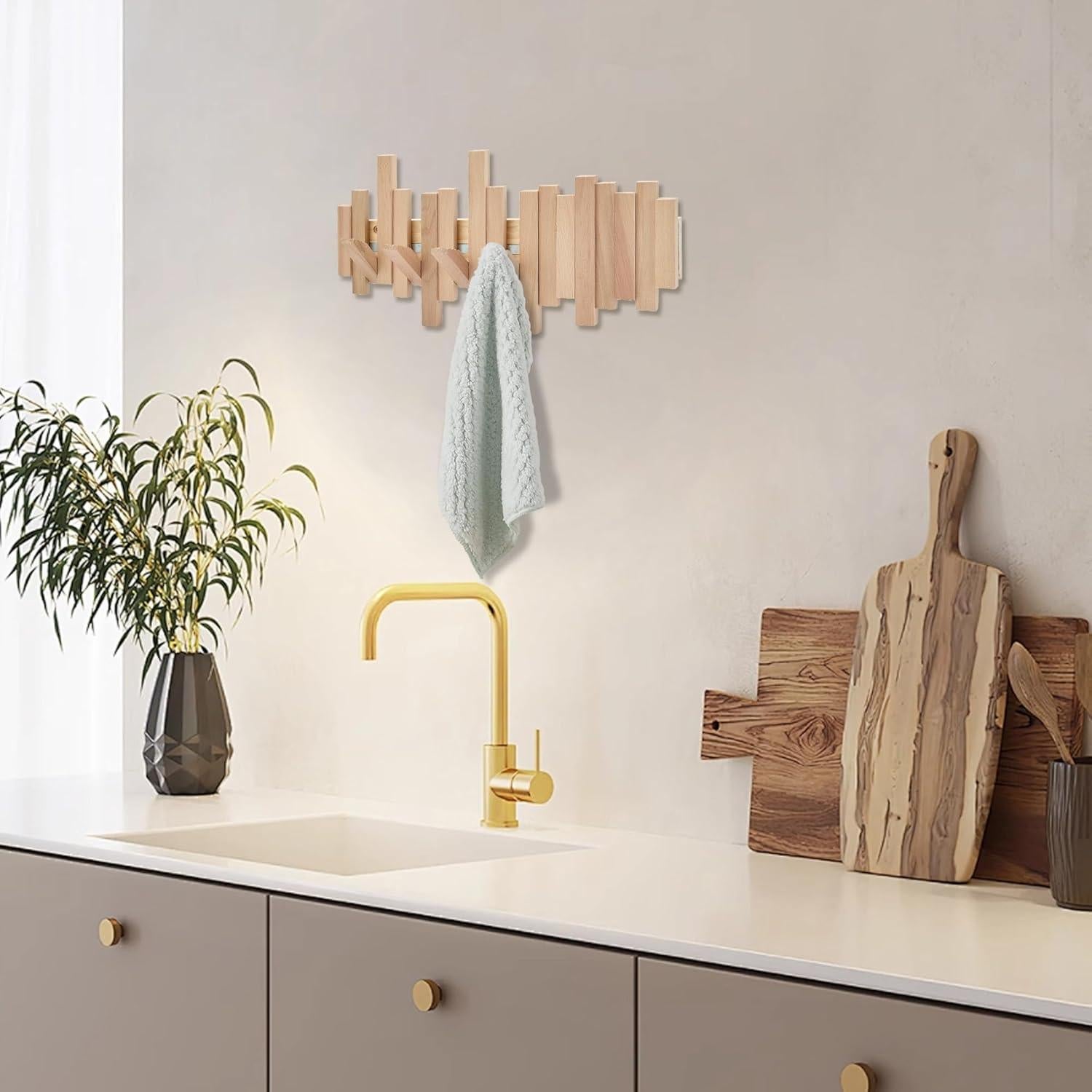 Perchero de Madera Natural HLYYCC Plegable 6 Ganchos