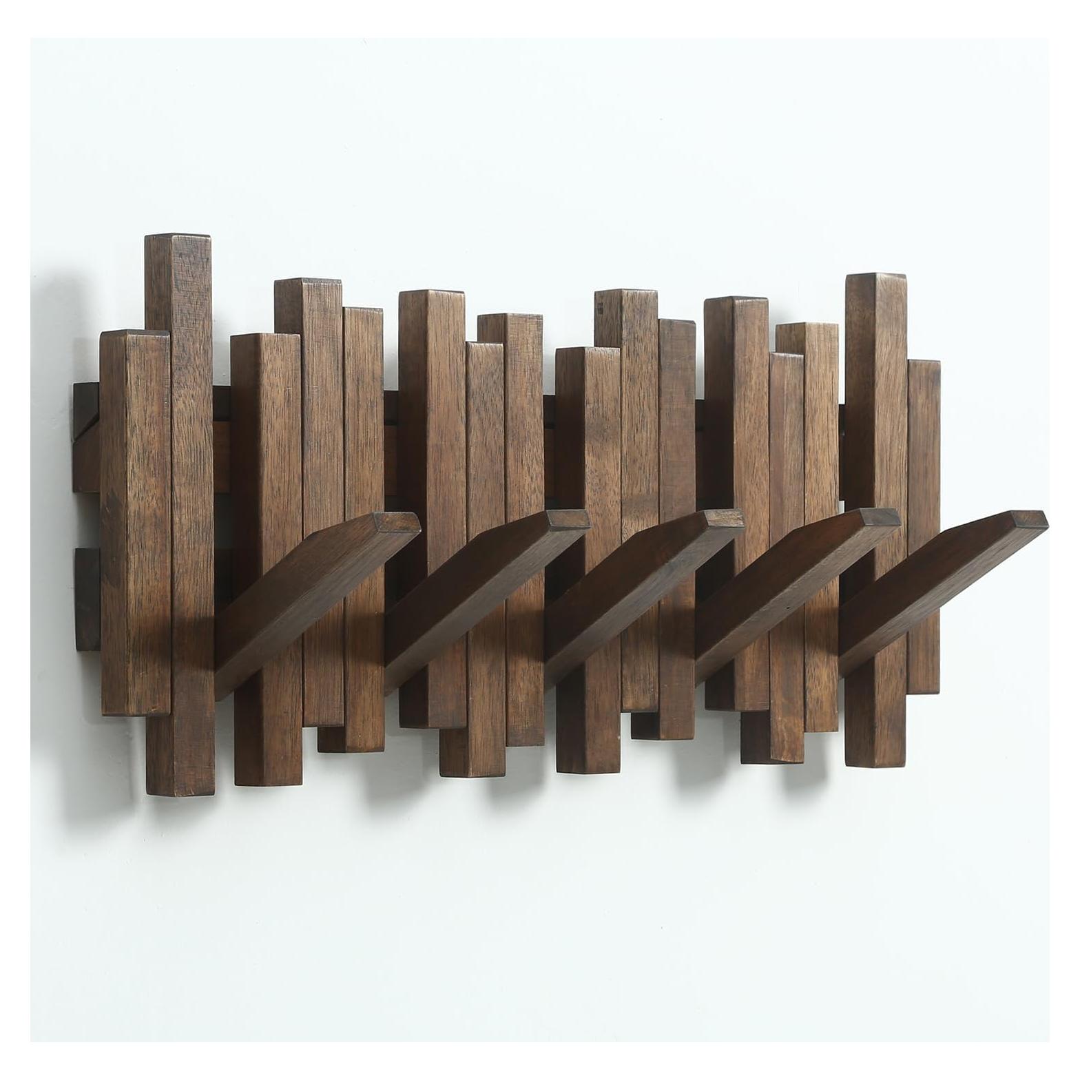 Perchero de Pared GOGREEBELL de Madera Acacia 5 Ganchos