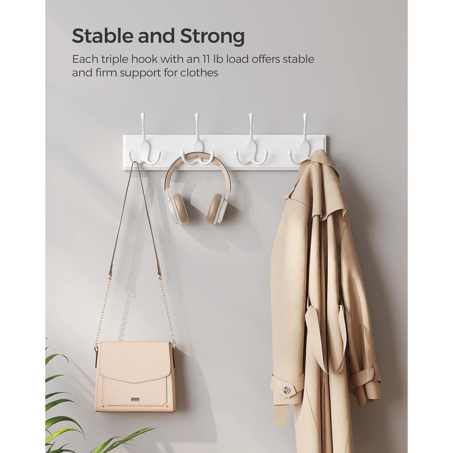 Perchero de Pared SONGMICS Blanco con 4 Ganchos Triangulares