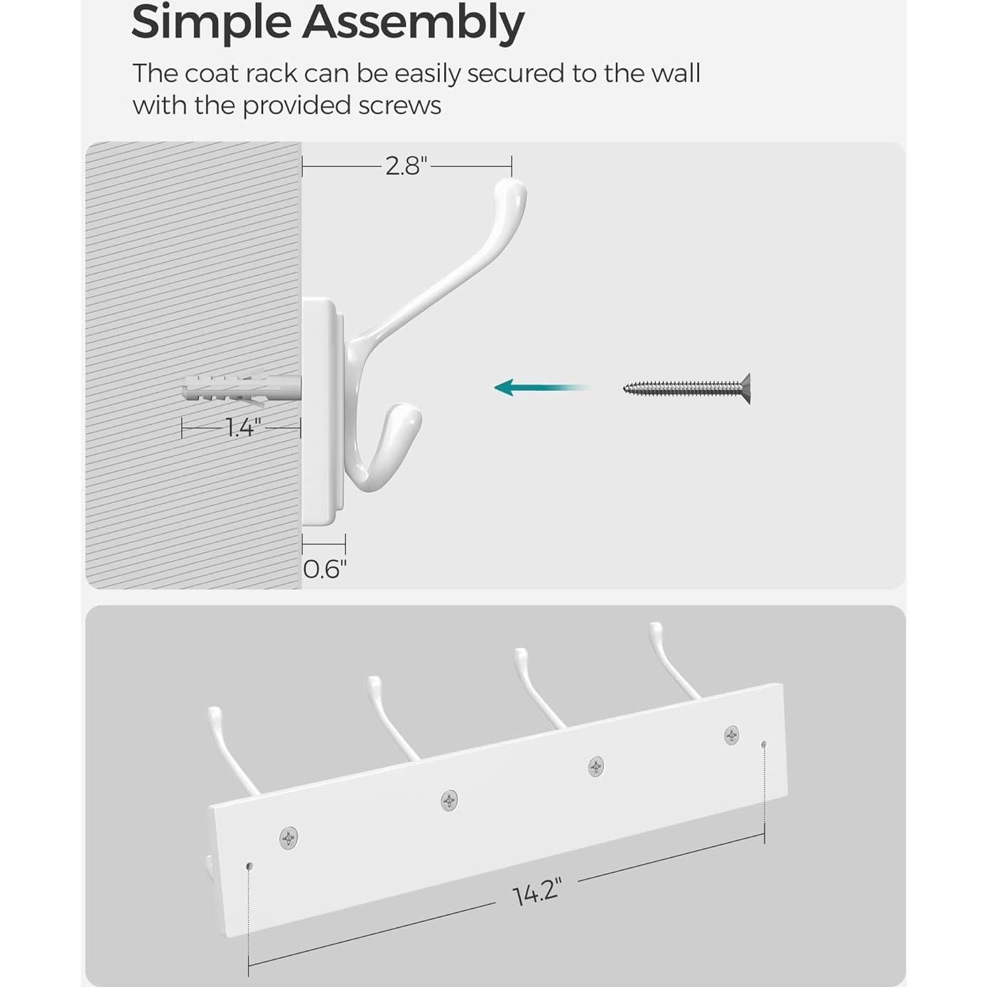 Perchero de Pared SONGMICS Blanco con 4 Ganchos Triangulares