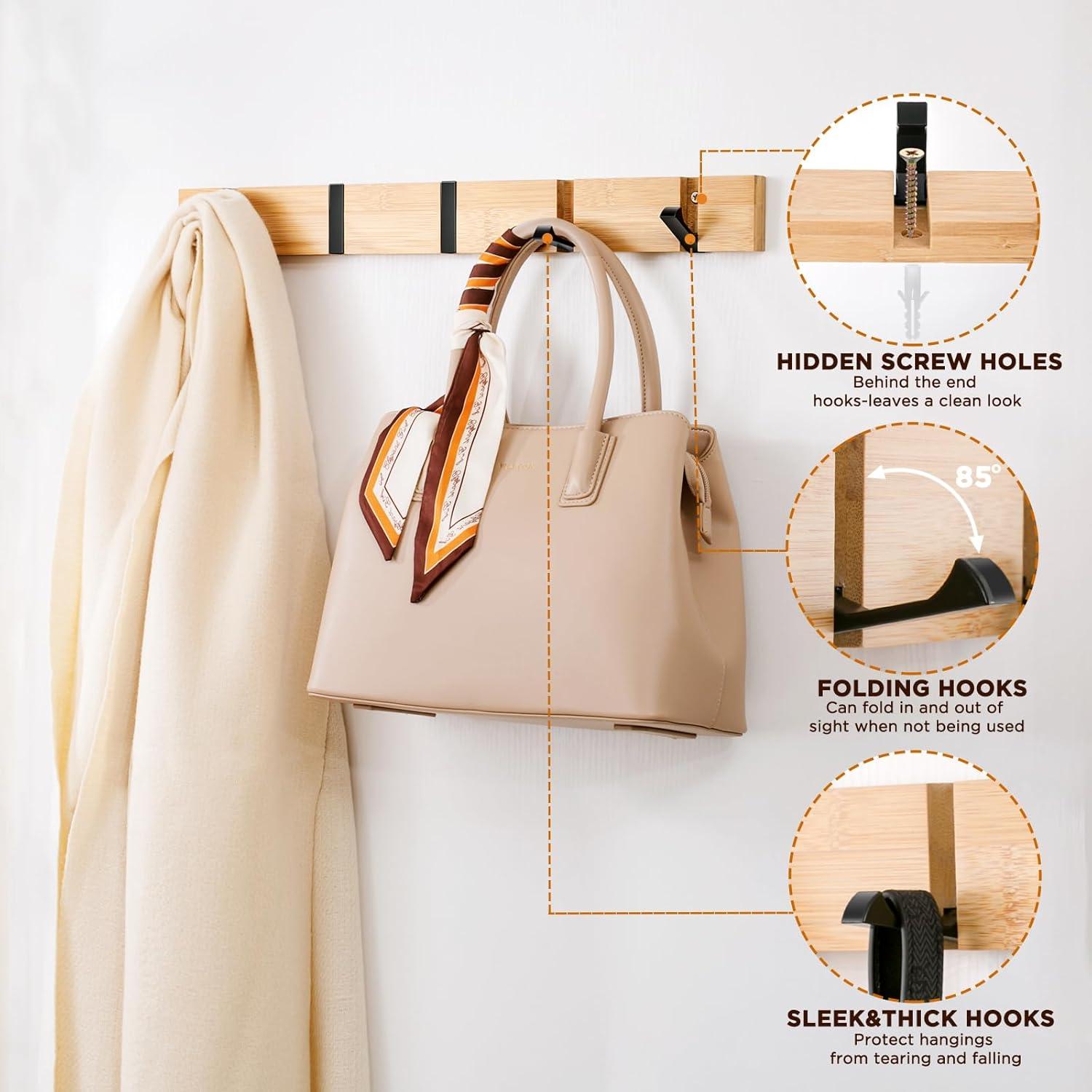 Perchero Plegable de Pared JIALITFUN de Bambú 6 Ganchos