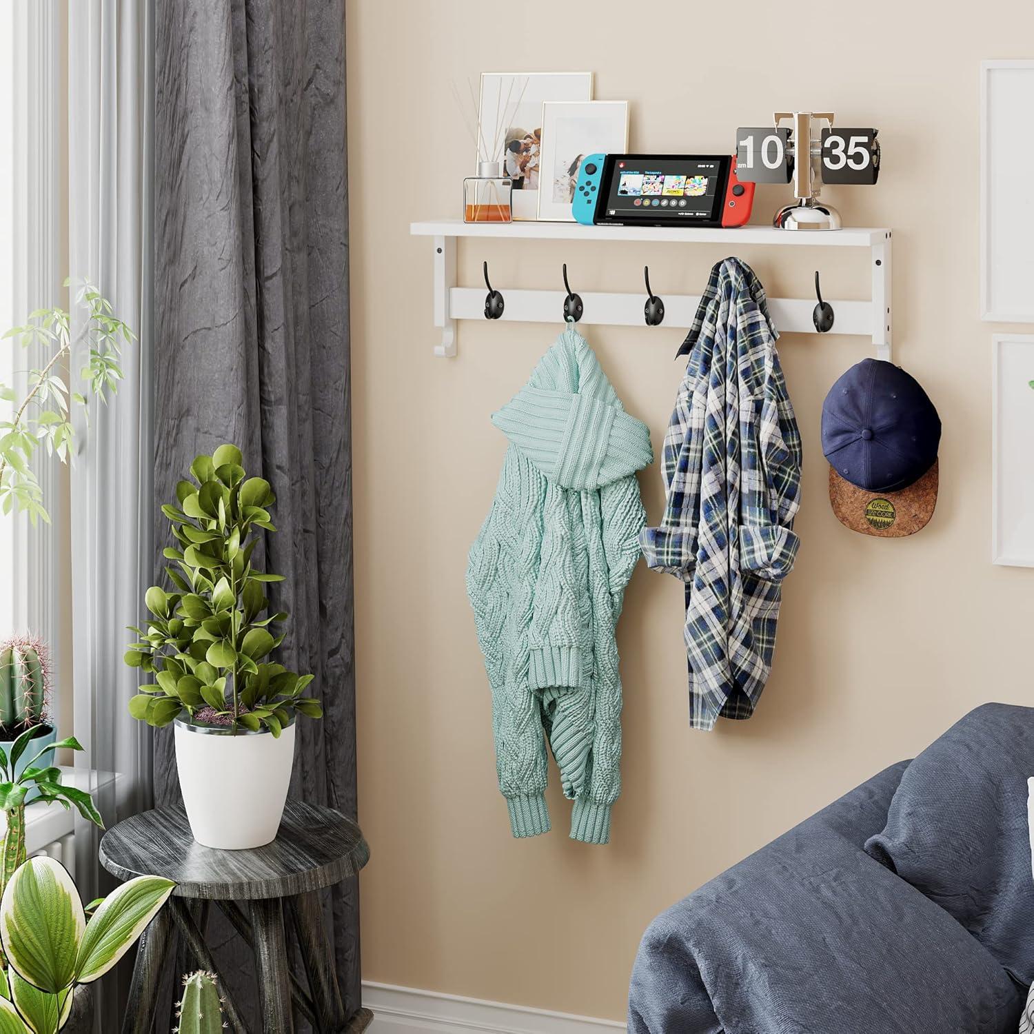 Perchero de pared AMBIRD con estante blanco 73.5x11.5 cm 5 ganchos