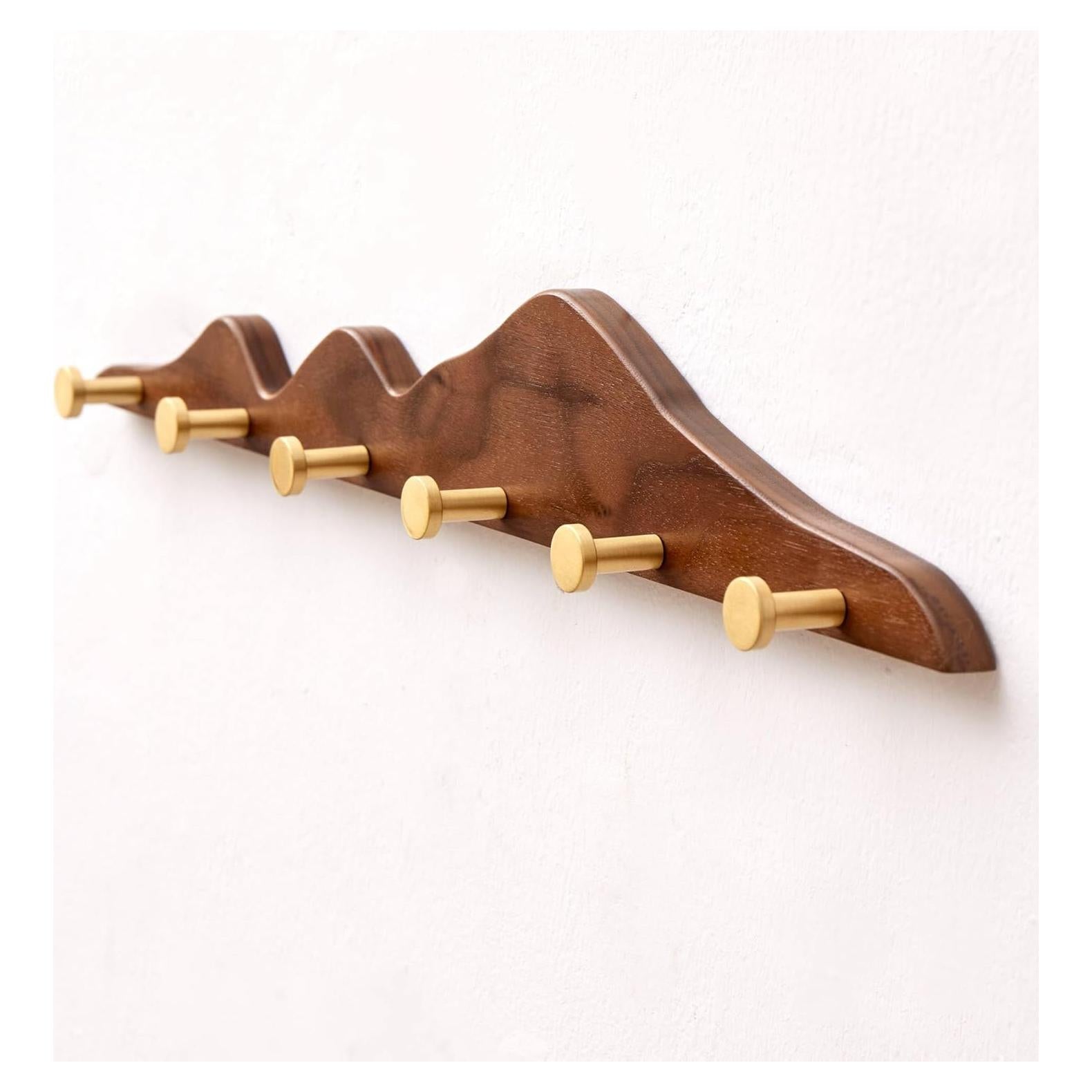 Perchero de Pared ESDOPA de Madera Nogal con 6 Ganchos Dorados