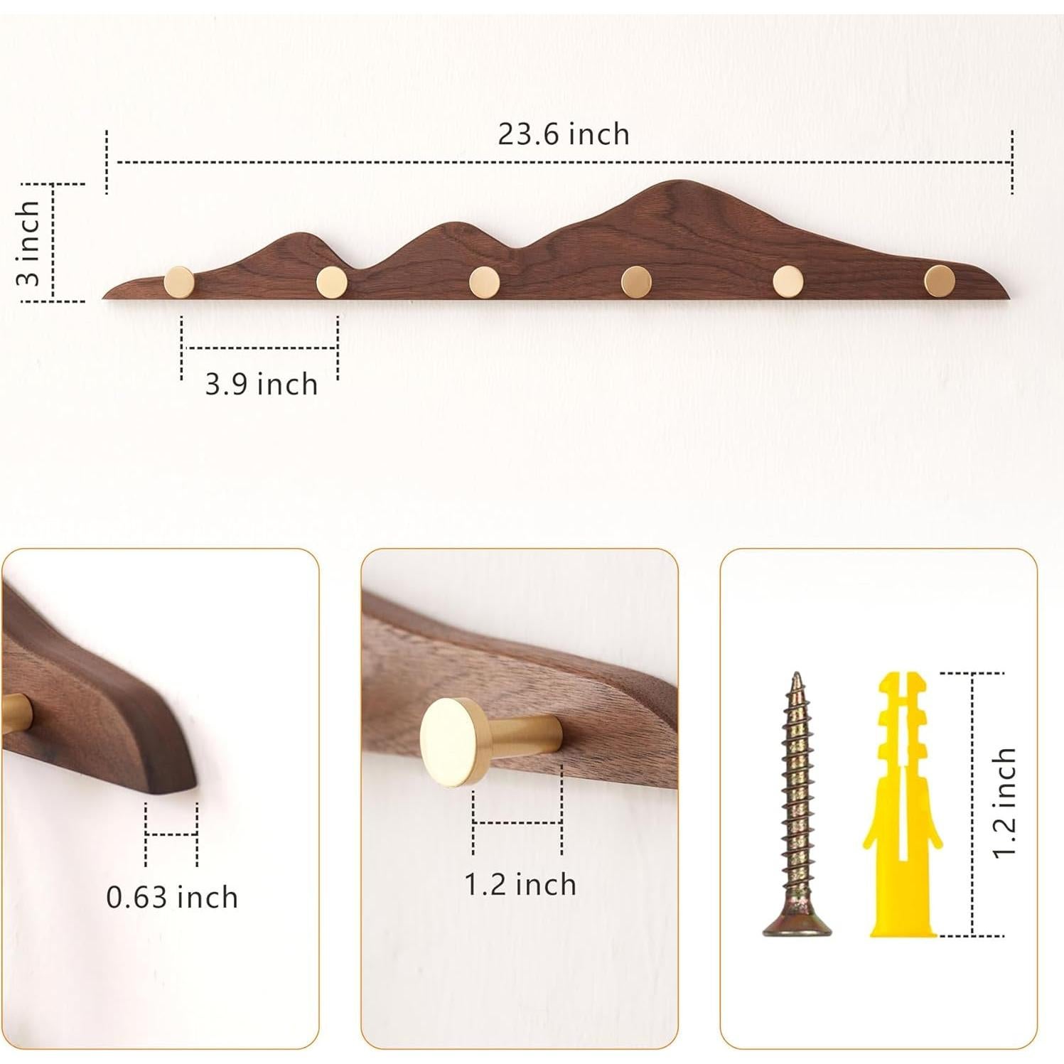 Perchero de Pared ESDOPA de Madera Nogal con 6 Ganchos Dorados