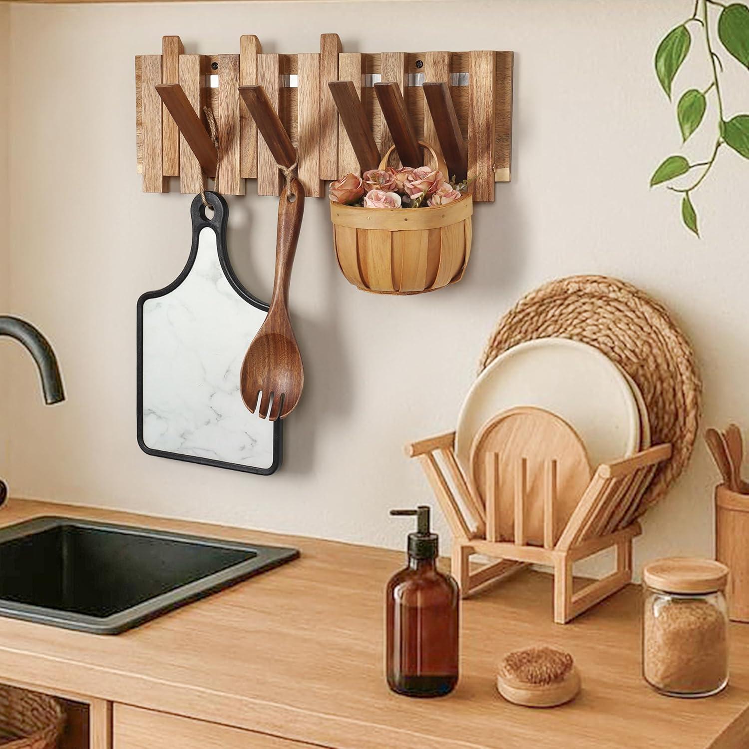 Perchero de Pared KYIAANY de Madera Plegable 8 Ganchos 42 cm