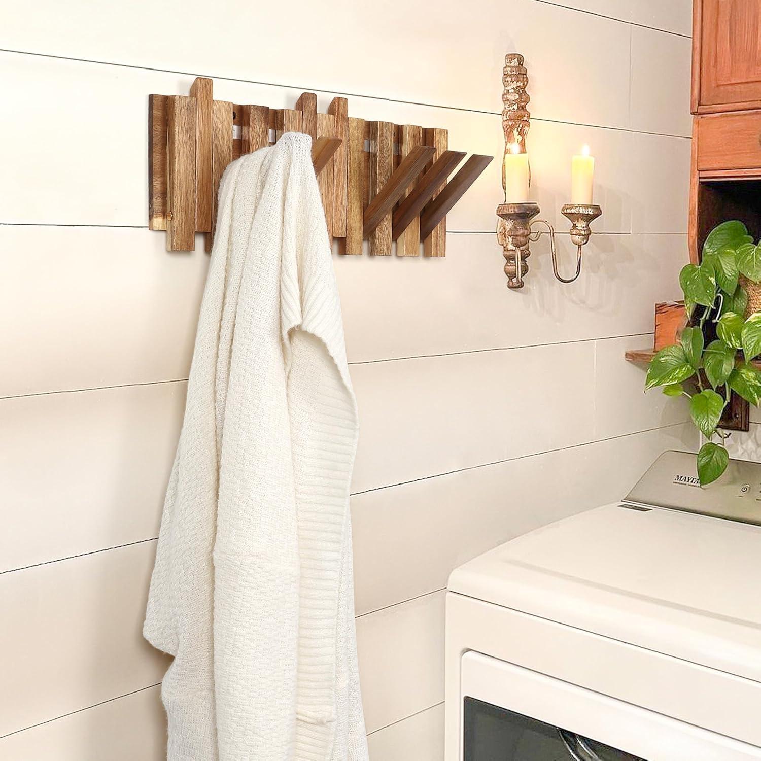 Perchero de Pared KYIAANY de Madera Plegable 8 Ganchos 42 cm