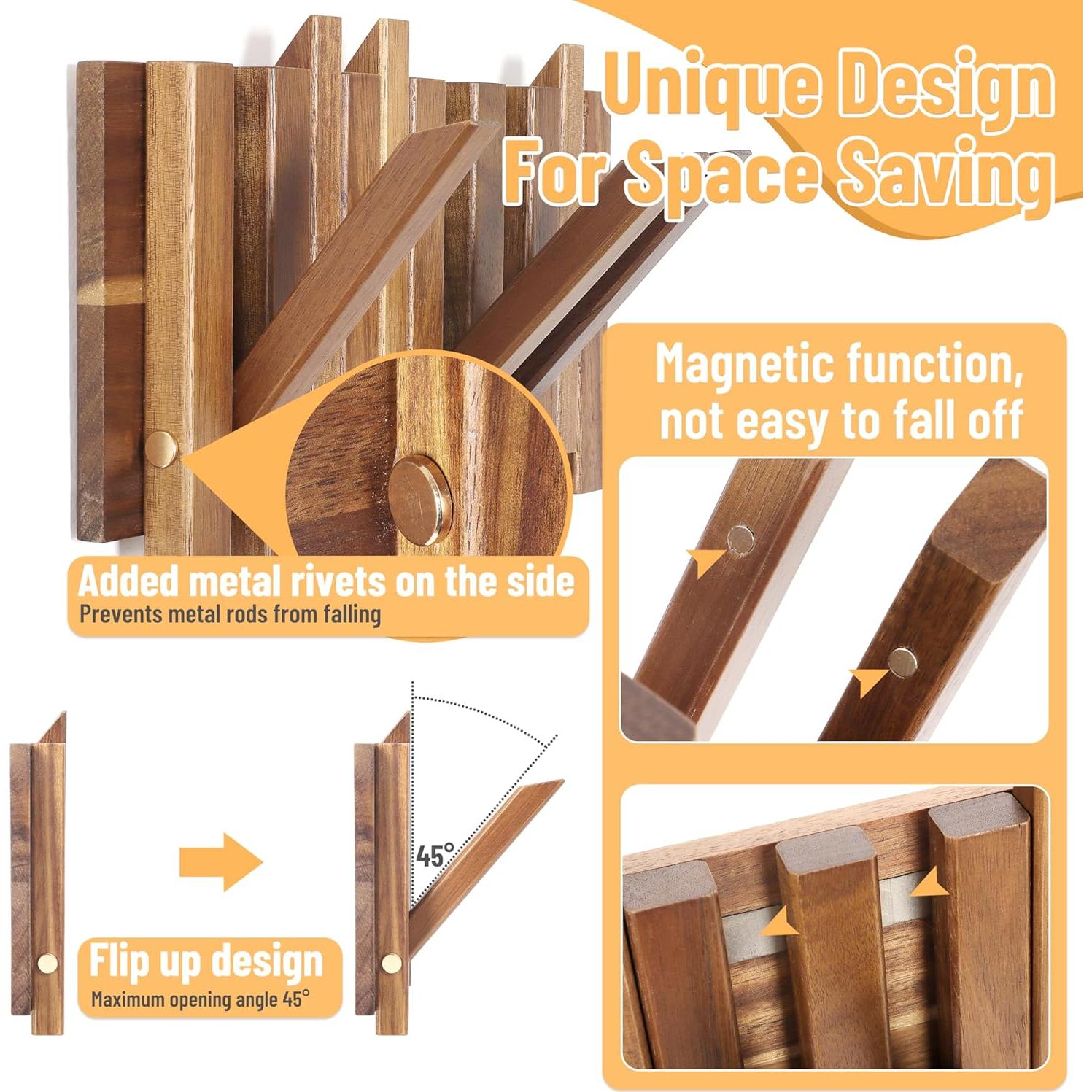 Perchero Pared KYIAANY 6 Ganchos Madera Acacia 26.4 cm