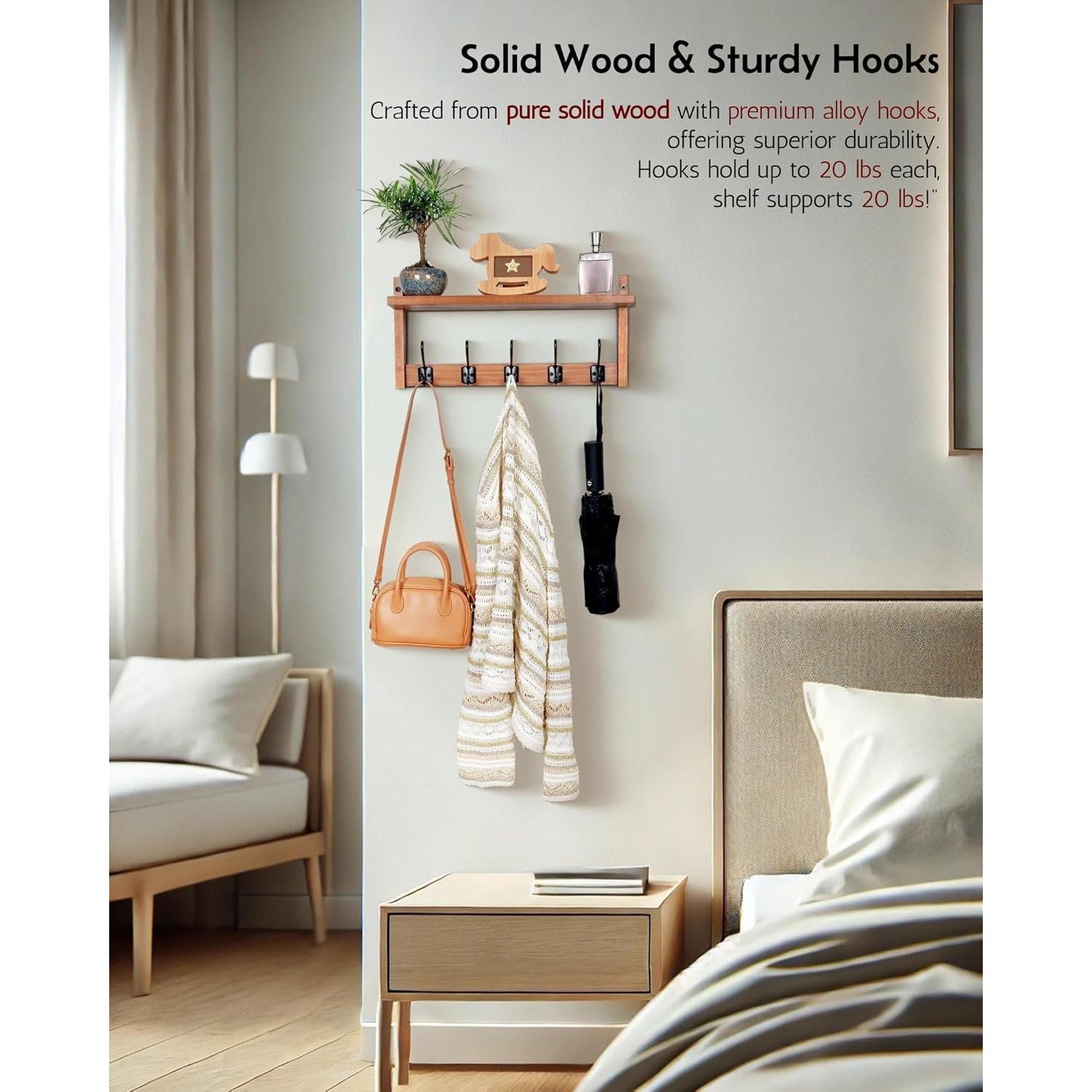 Perchero de pared Exper City con estante y 5 ganchos de madera