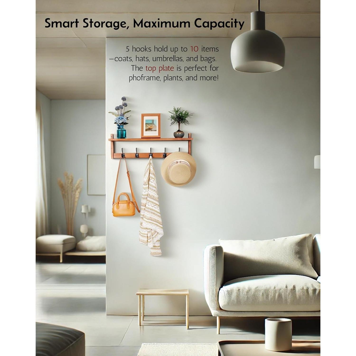 Perchero de pared Exper City con estante y 5 ganchos de madera