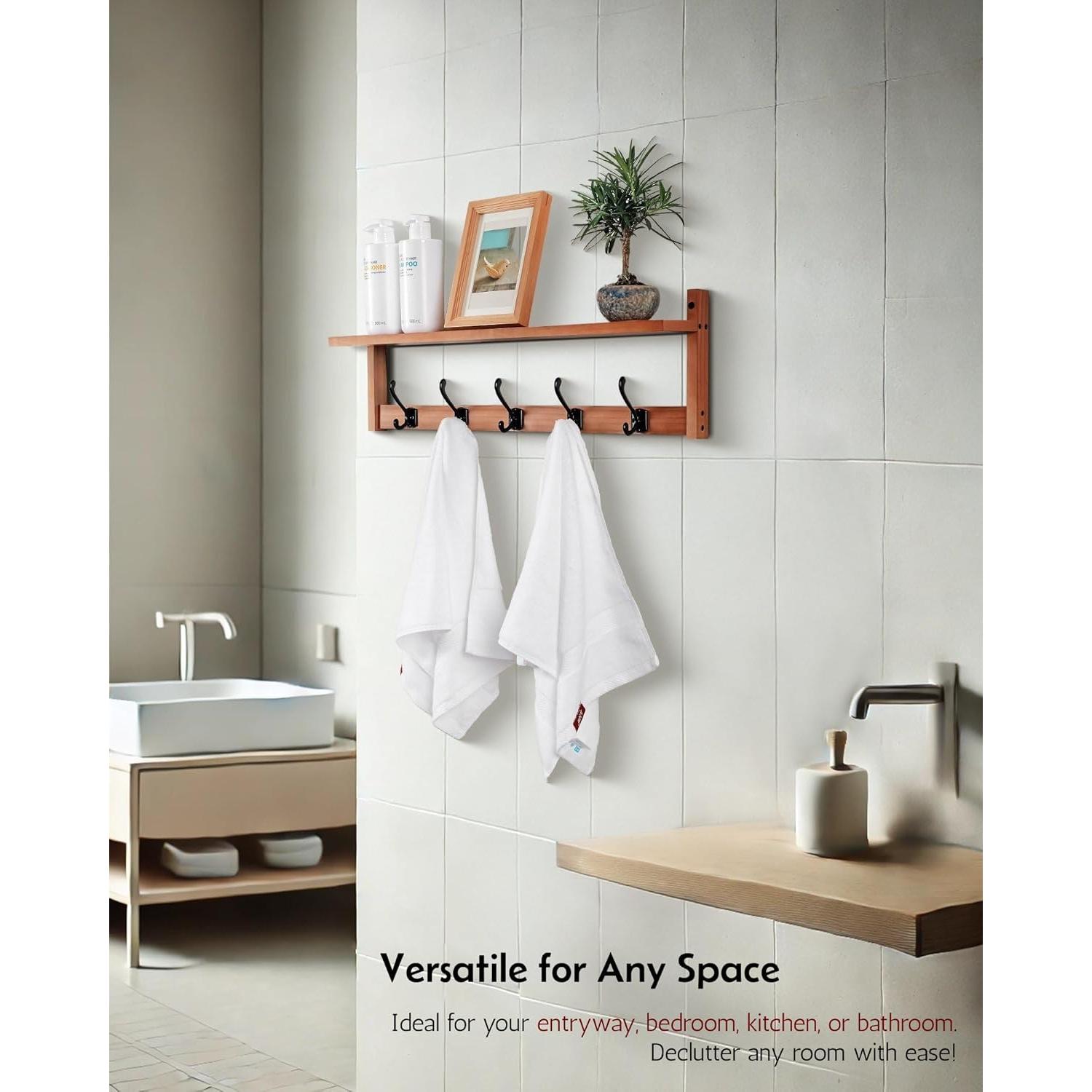 Perchero de pared Exper City con estante y 5 ganchos de madera