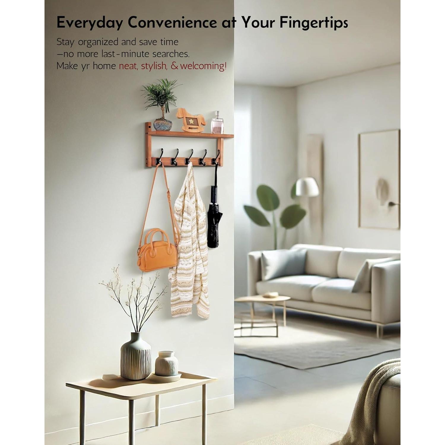 Perchero de pared Exper City con estante y 5 ganchos de madera