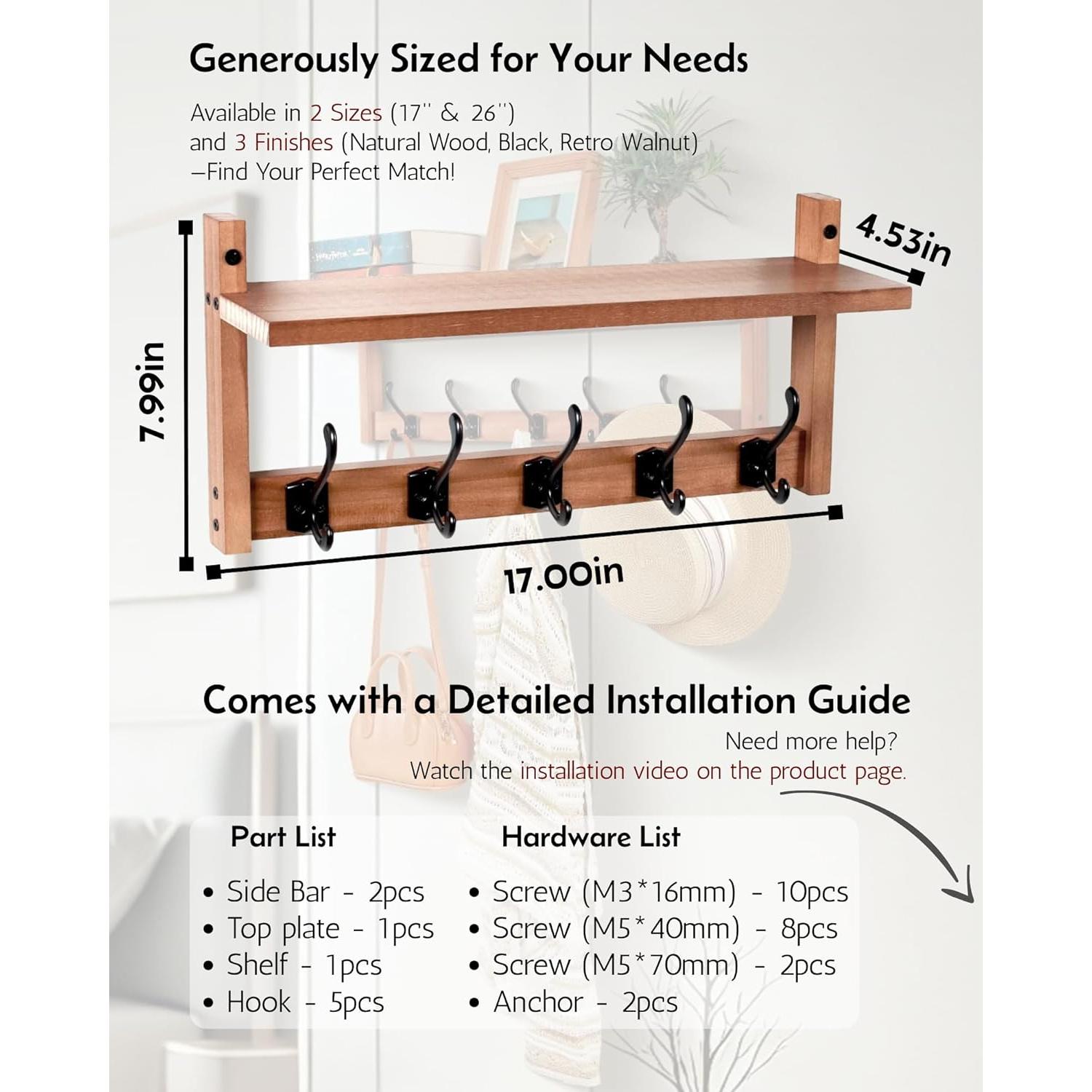 Perchero de pared Exper City con estante y 5 ganchos de madera
