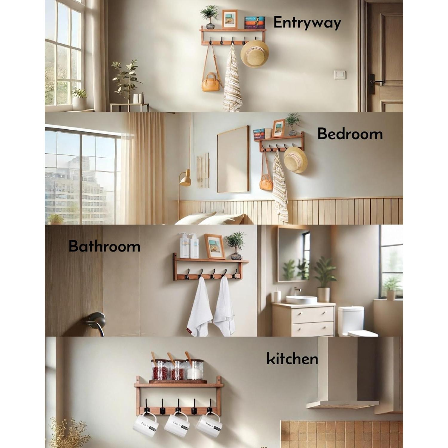 Perchero de pared Exper City con estante y 5 ganchos de madera