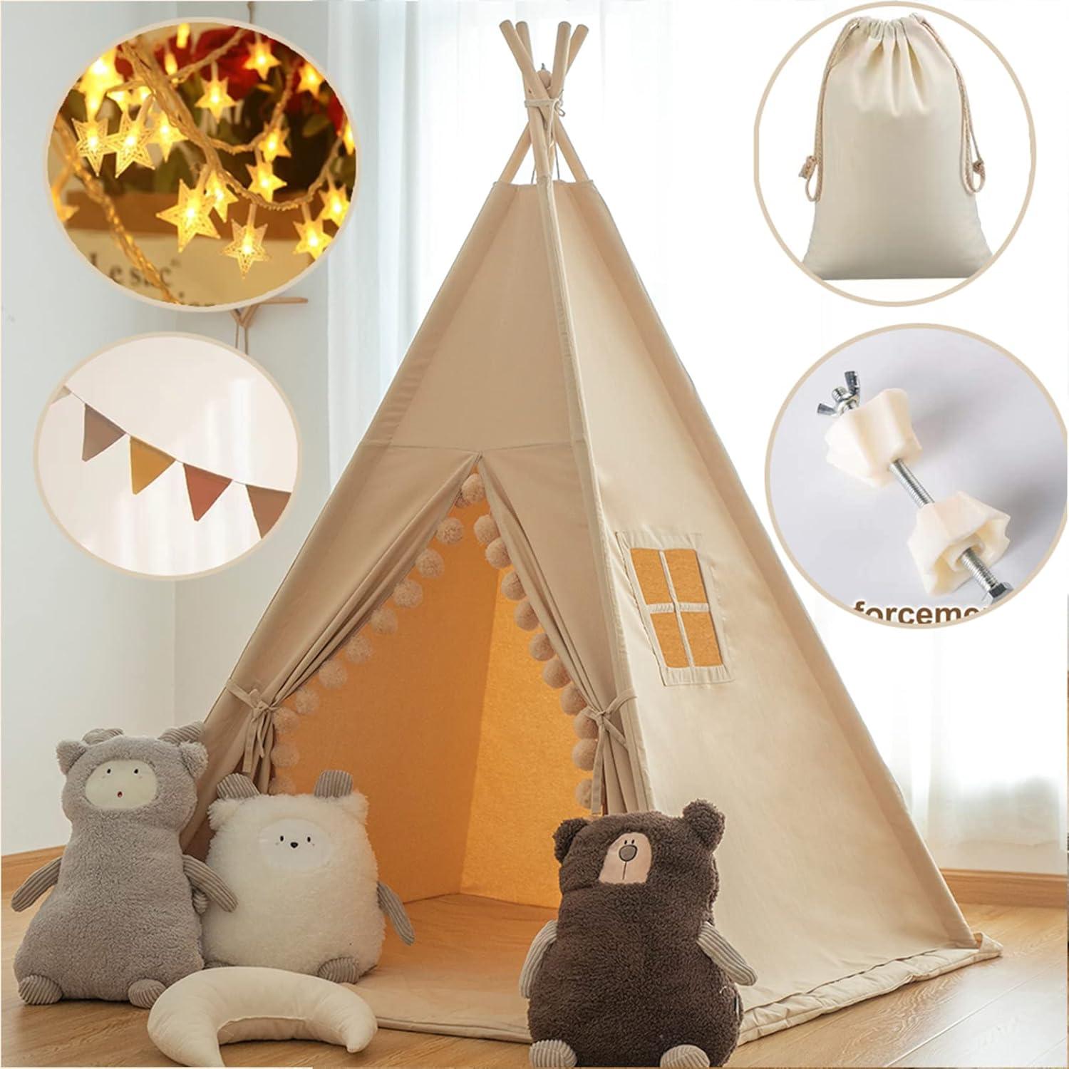 Tienda Teepee para Niños Khaki con Alfombra y Luz Estrella