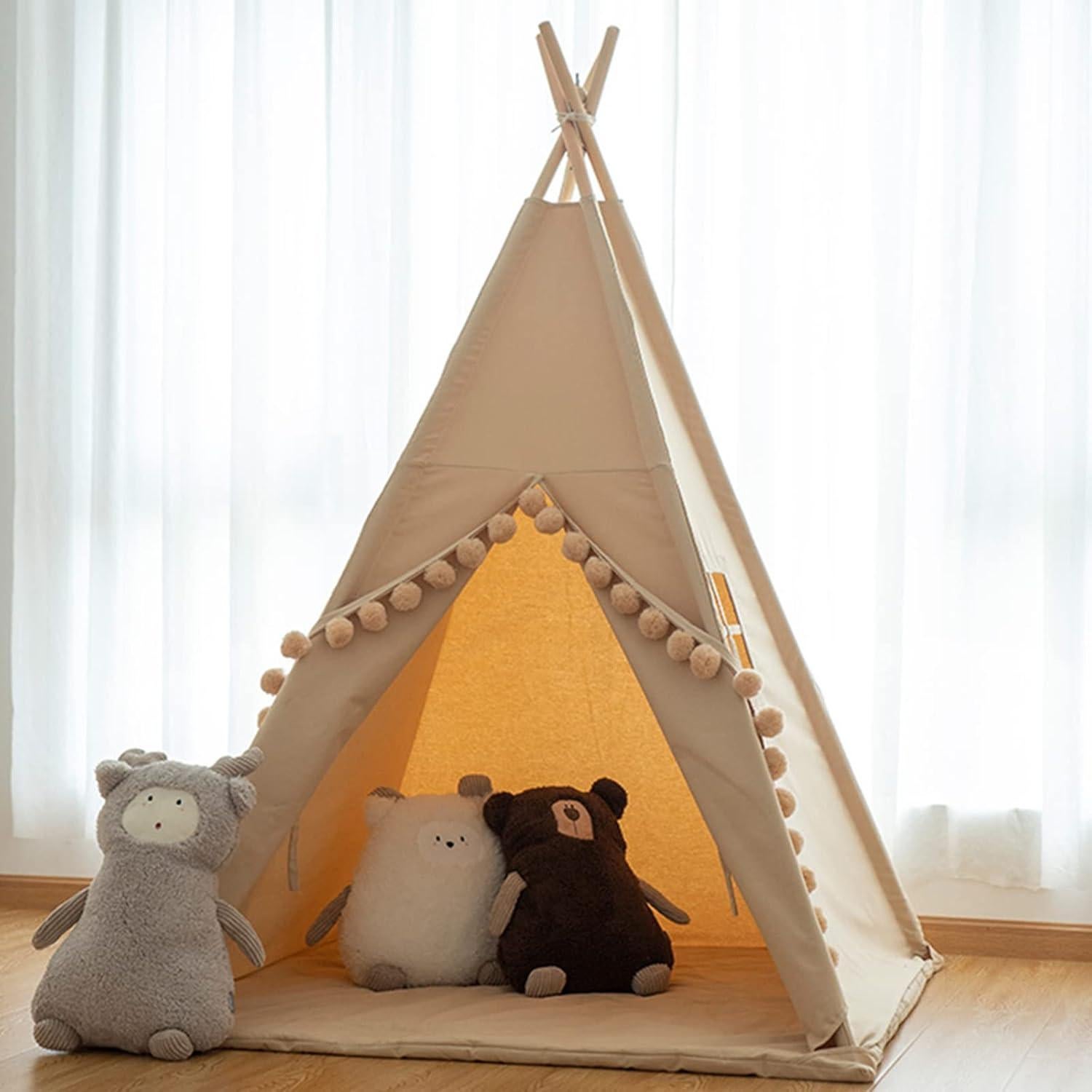 Tienda Teepee para Niños Khaki con Alfombra y Luz Estrella