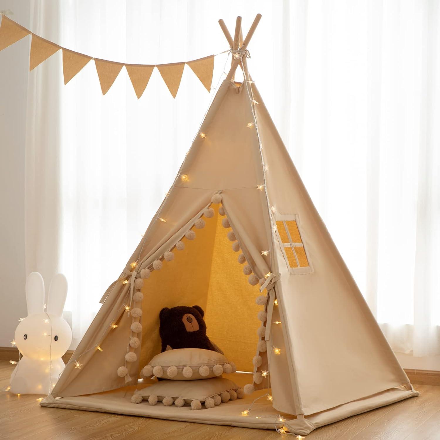 Tienda Teepee para Niños Khaki con Alfombra y Luz Estrella