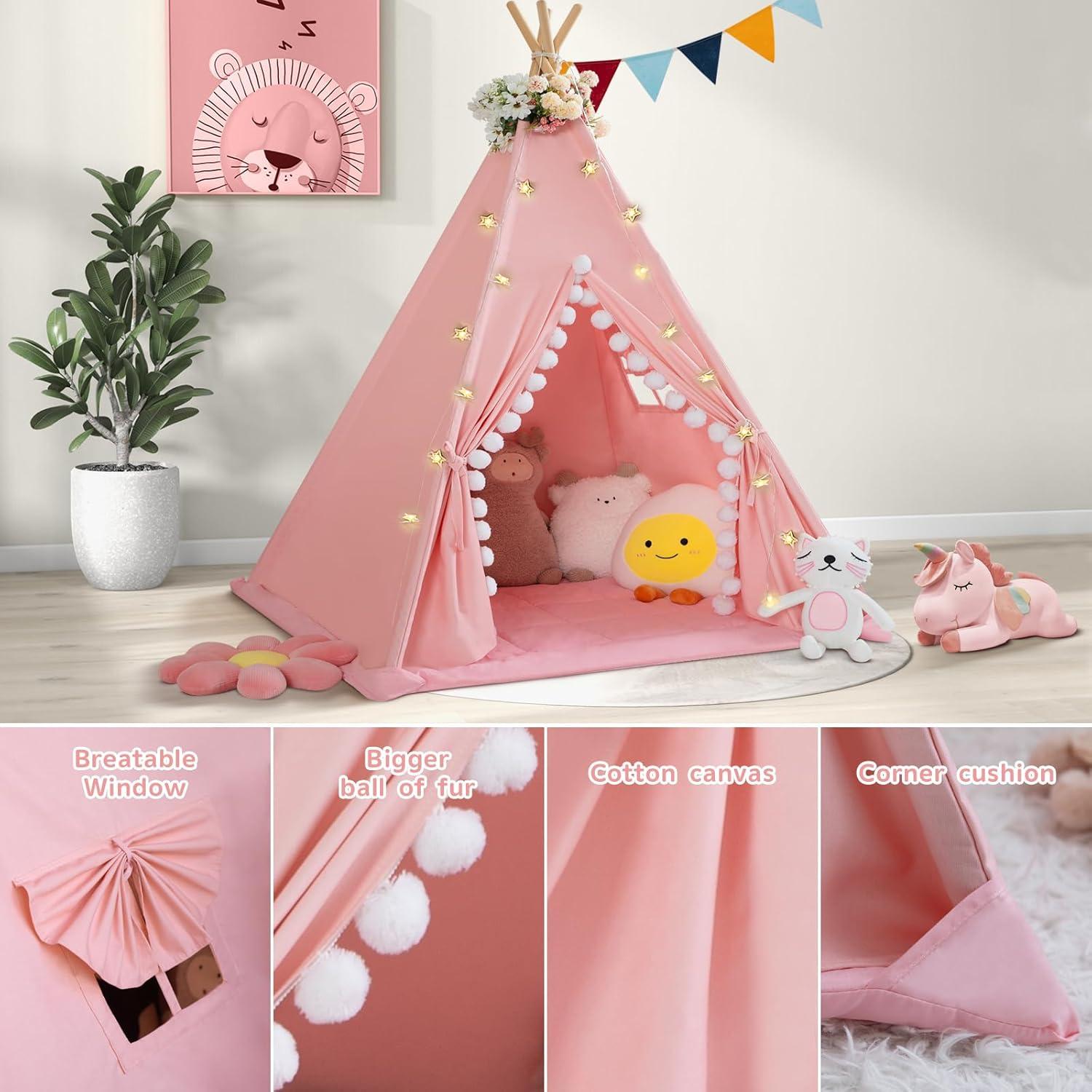 Tienda Teepee para Niños WIRHAO con Alfombra Acolchada Rosa