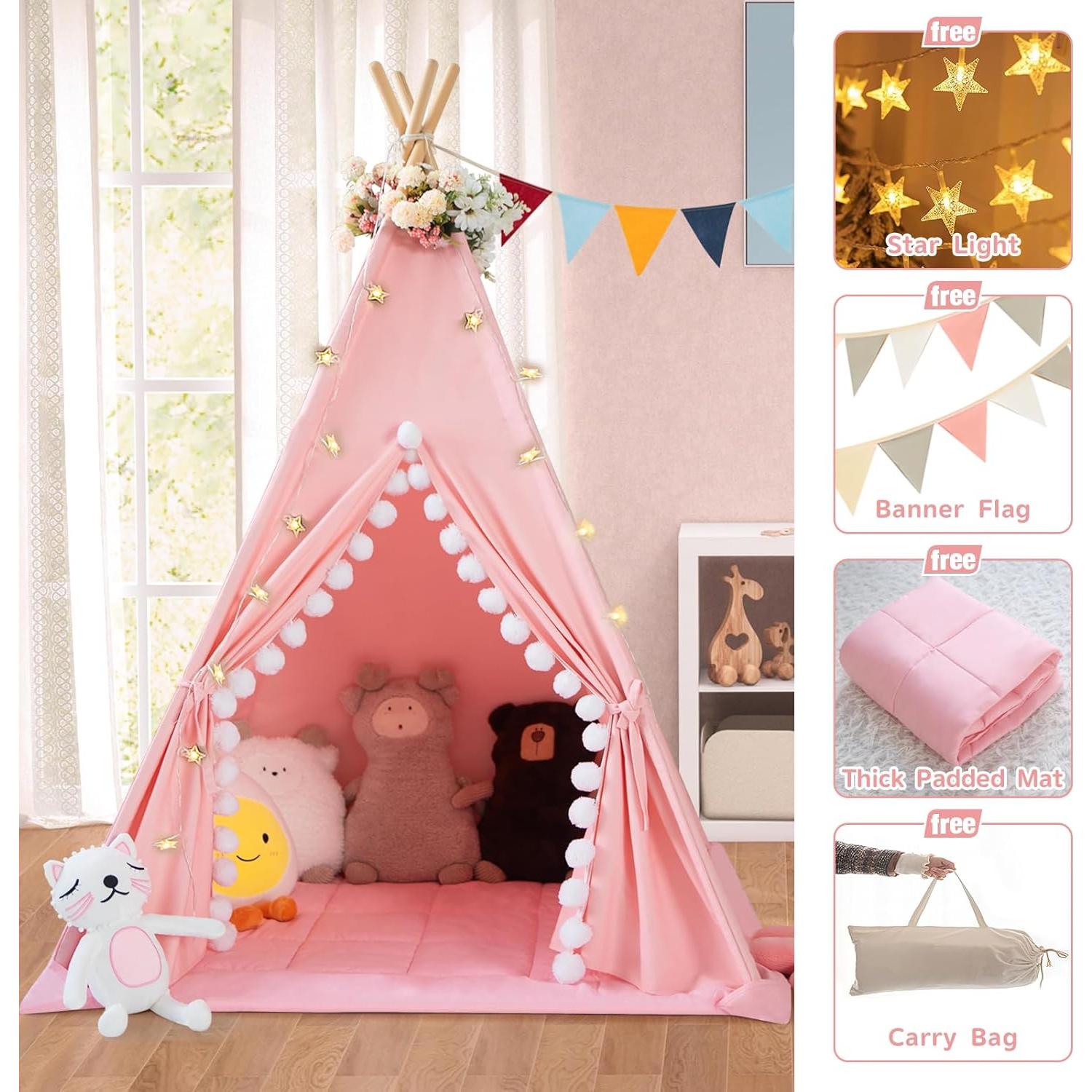 Tienda Teepee para Niños WIRHAO con Alfombra Acolchada Rosa