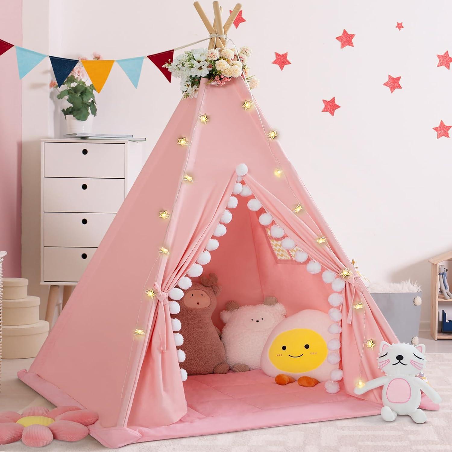 Tienda Teepee para Niños WIRHAO con Alfombra Acolchada Rosa