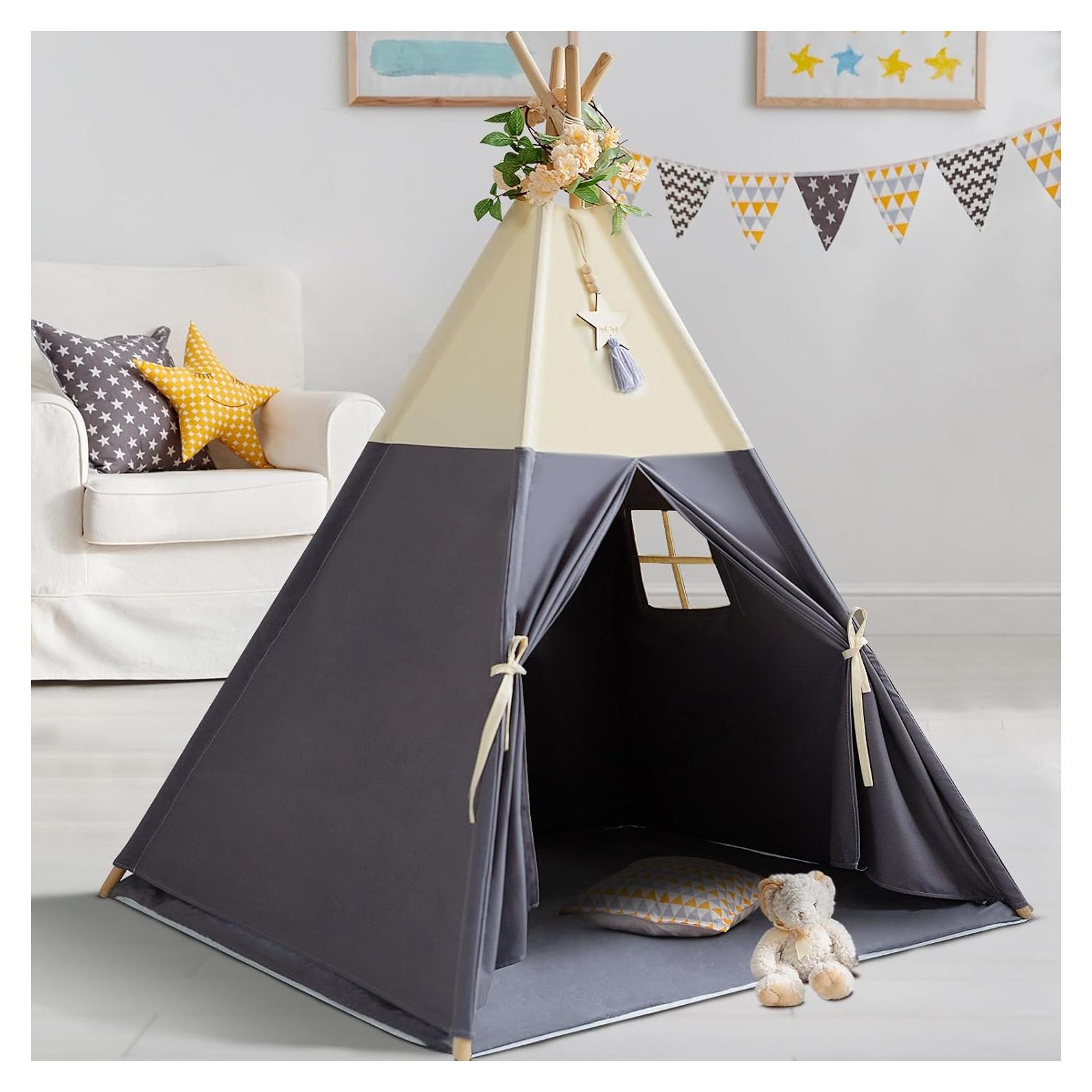Tienda Teepee para Niños Beige Gris 100% Algodón con Alfombra