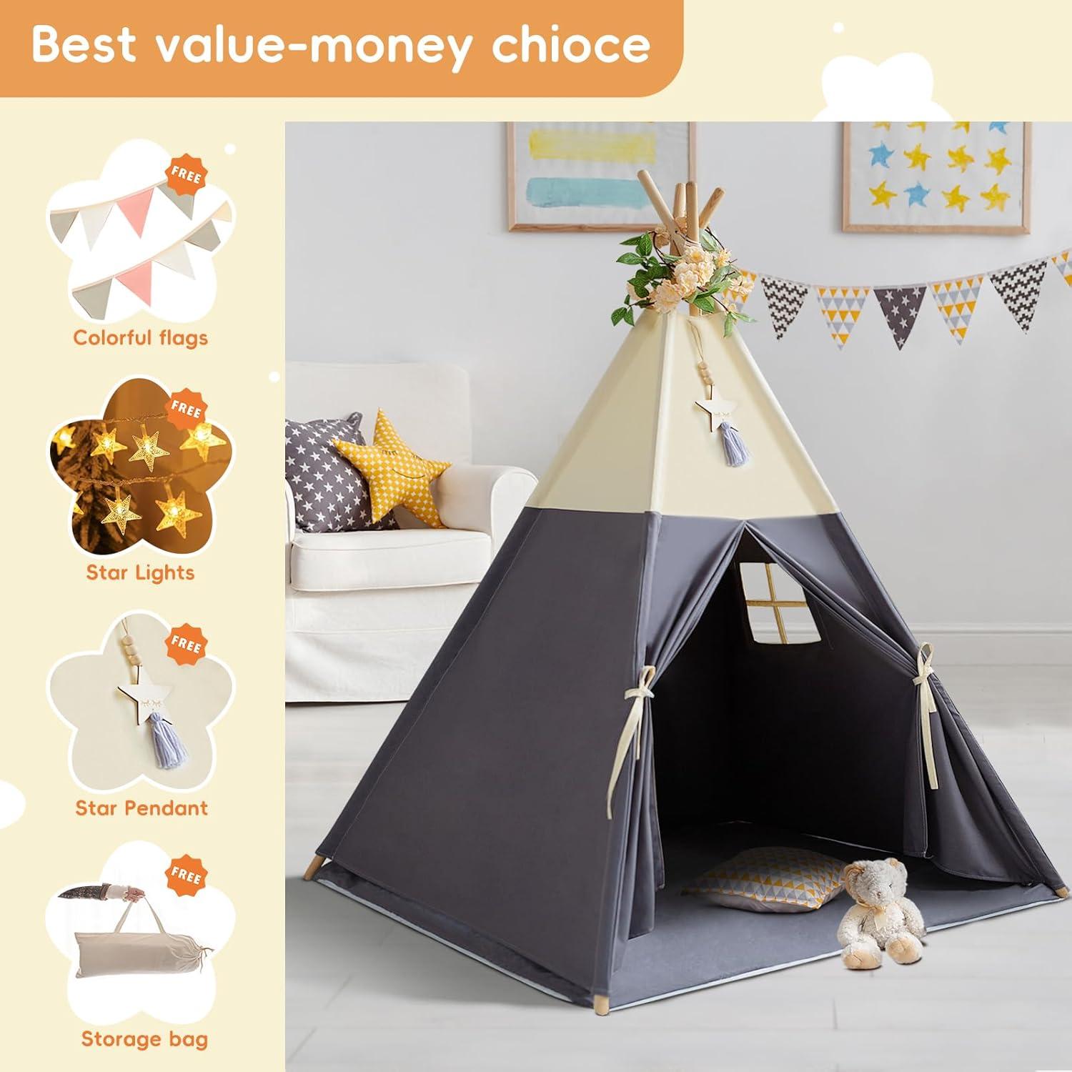 Tienda Teepee para Niños Beige Gris 100% Algodón con Alfombra