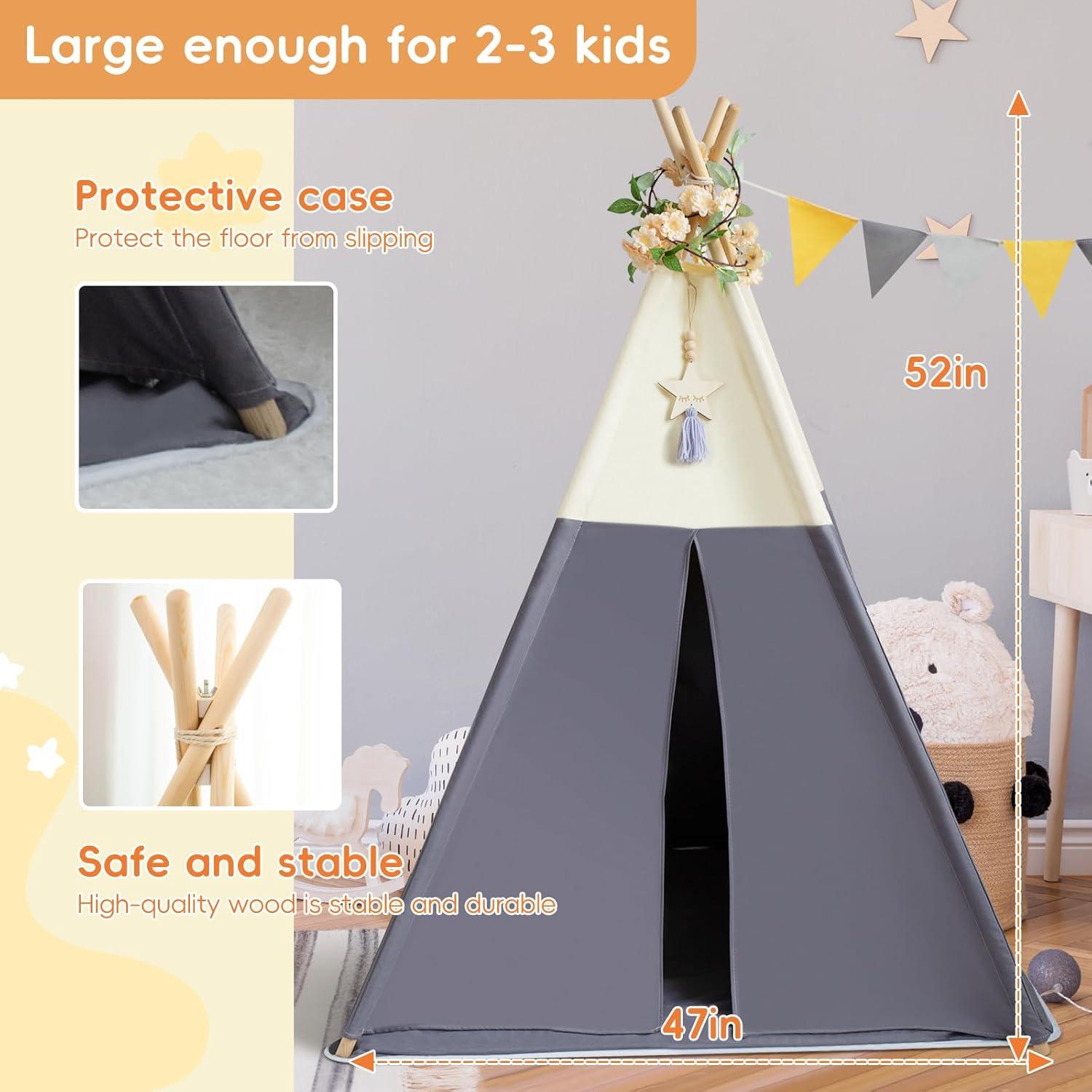 Tienda Teepee para Niños Beige Gris 100% Algodón con Alfombra