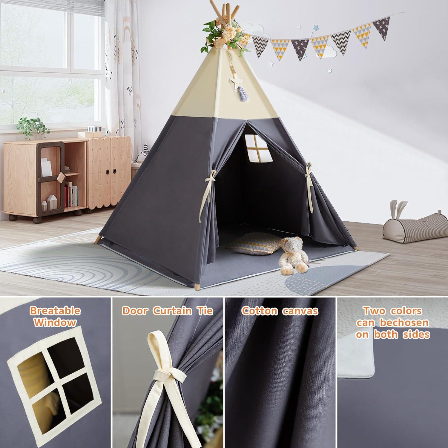 Tienda Teepee para Niños Beige Gris 100% Algodón con Alfombra