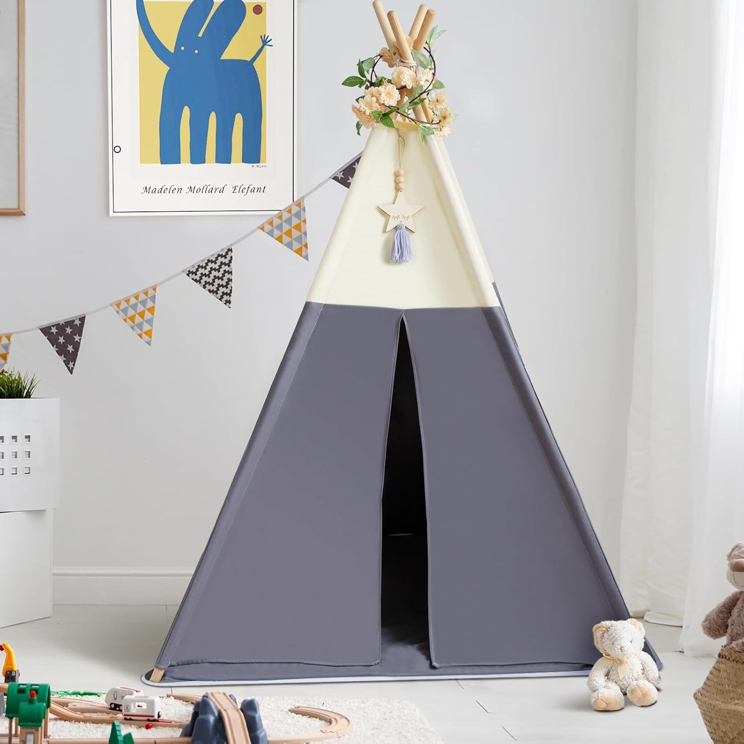 Tienda Teepee para Niños Beige Gris 100% Algodón con Alfombra