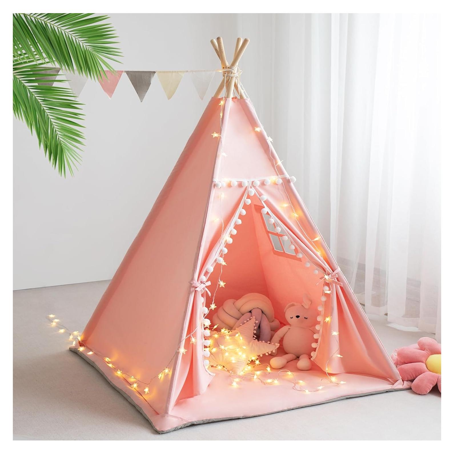 Tienda Teepee para Niños Rosa con Alfombra y Luces Estrella