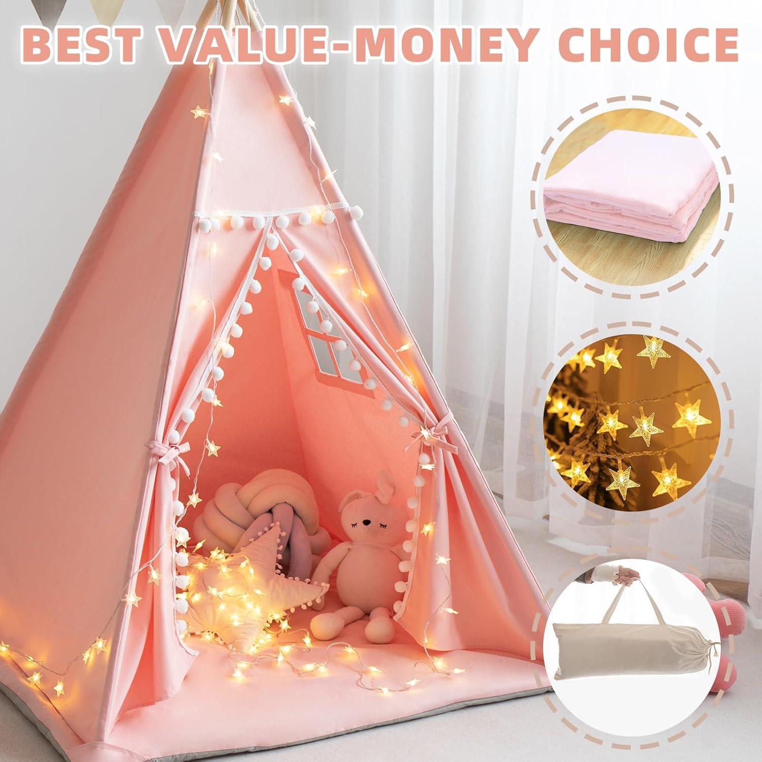 Tienda Teepee para Niños Rosa con Alfombra y Luces Estrella