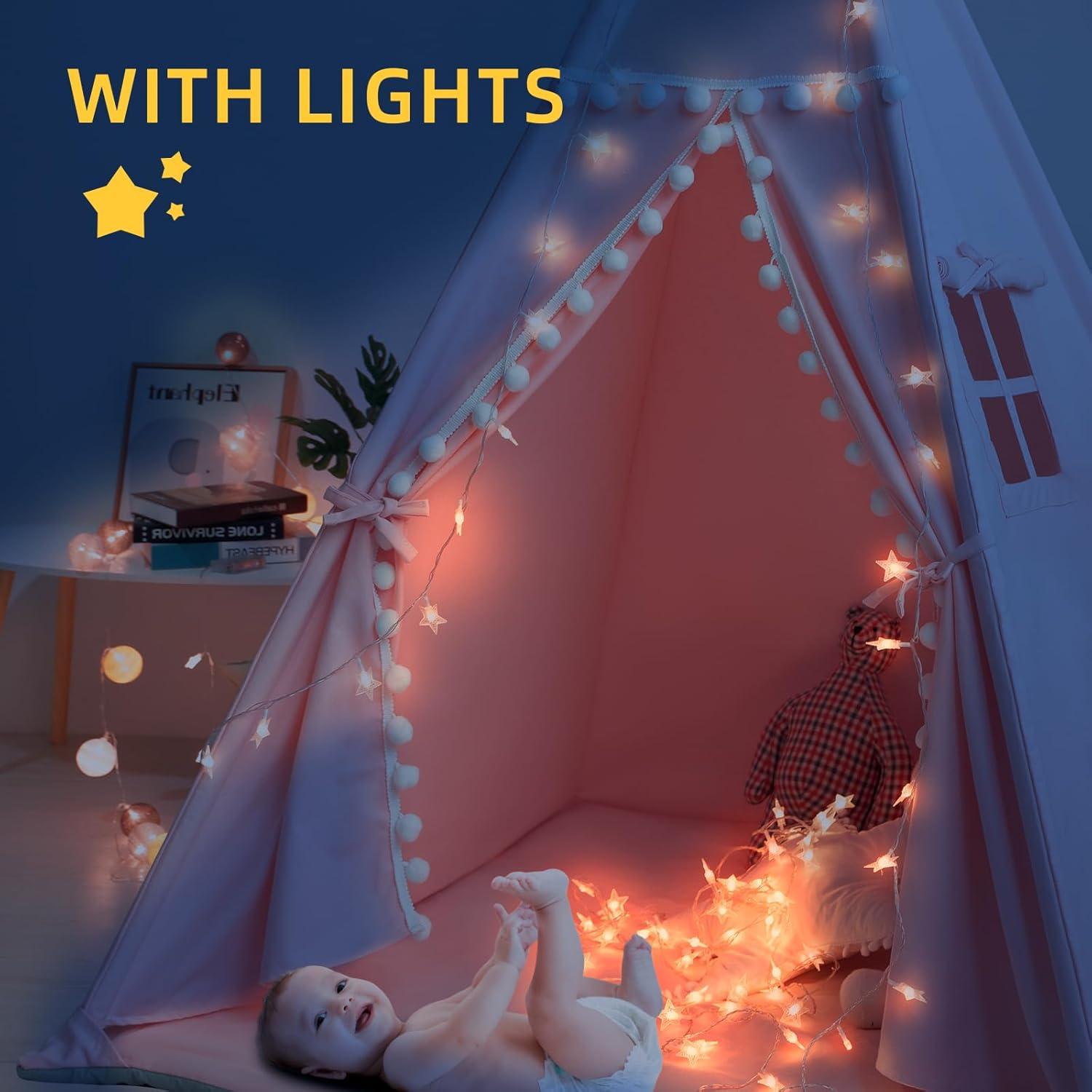 Tienda Teepee para Niños Rosa con Alfombra y Luces Estrella