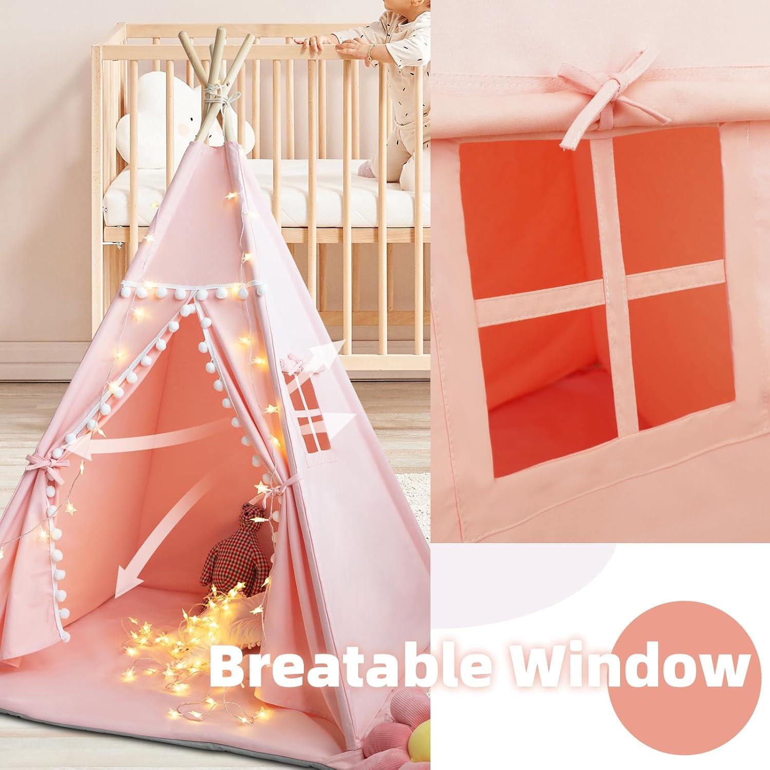 Tienda Teepee para Niños Rosa con Alfombra y Luces Estrella