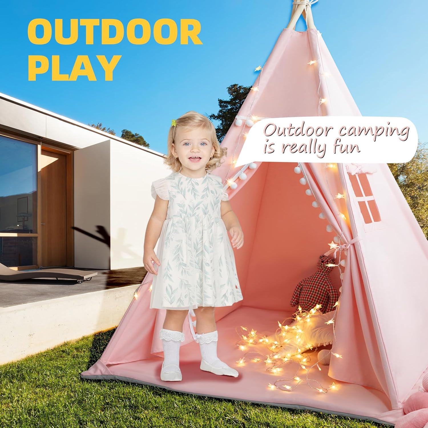Tienda Teepee para Niños Rosa con Alfombra y Luces Estrella
