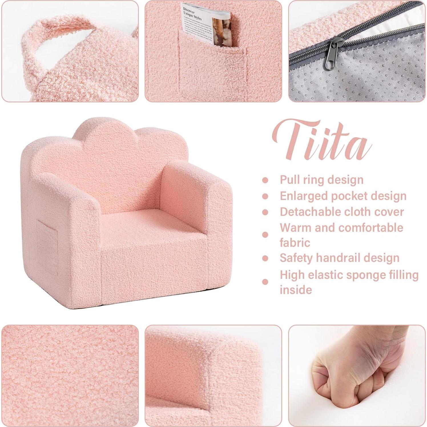 Sofá Infantil Tiita Rosa Sherpa, Sillón Plegable 47x57cm