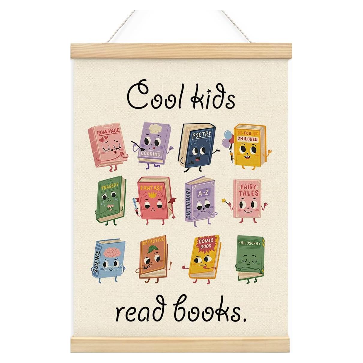 Cartel de Pared Cool Kids Read Books con Colgador de Madera 30x40 cm