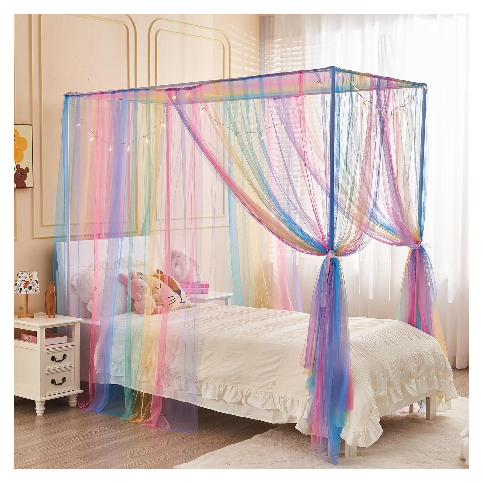 Dosel Arcoíris JQWUPUP para Cama Individual con Cortinas y Estrellas