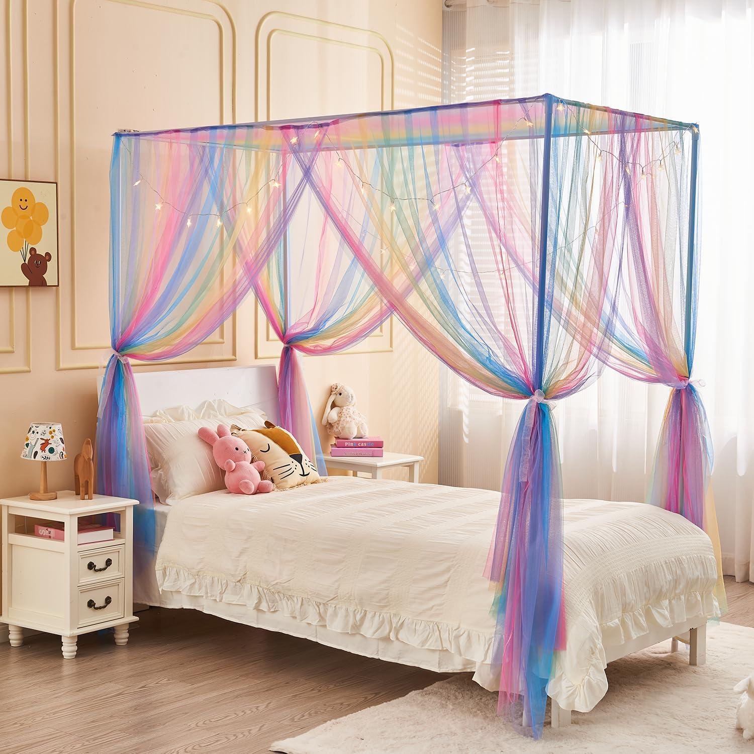 Dosel Arcoíris JQWUPUP para Cama Individual con Cortinas y Estrellas