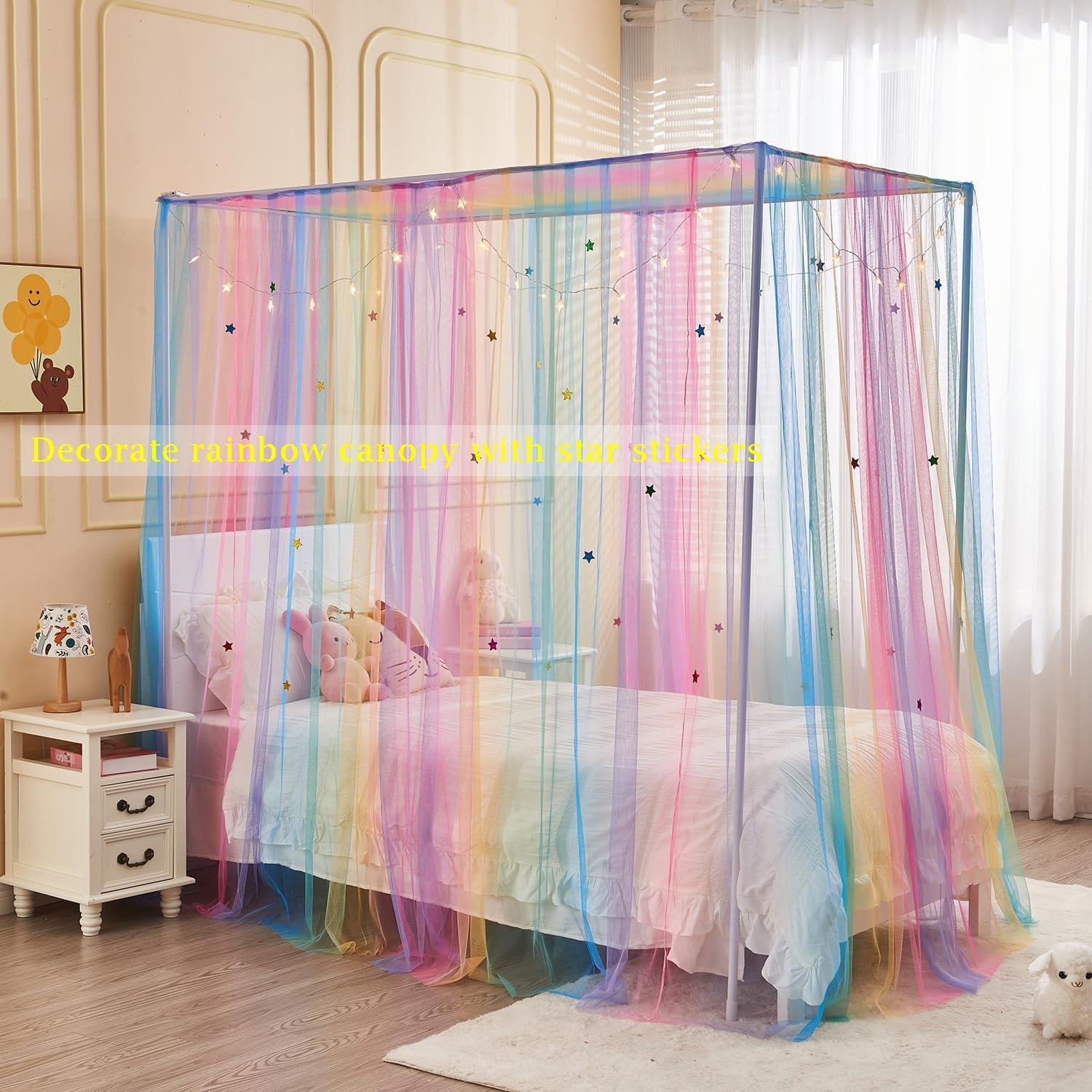Dosel Arcoíris JQWUPUP para Cama Individual con Cortinas y Estrellas