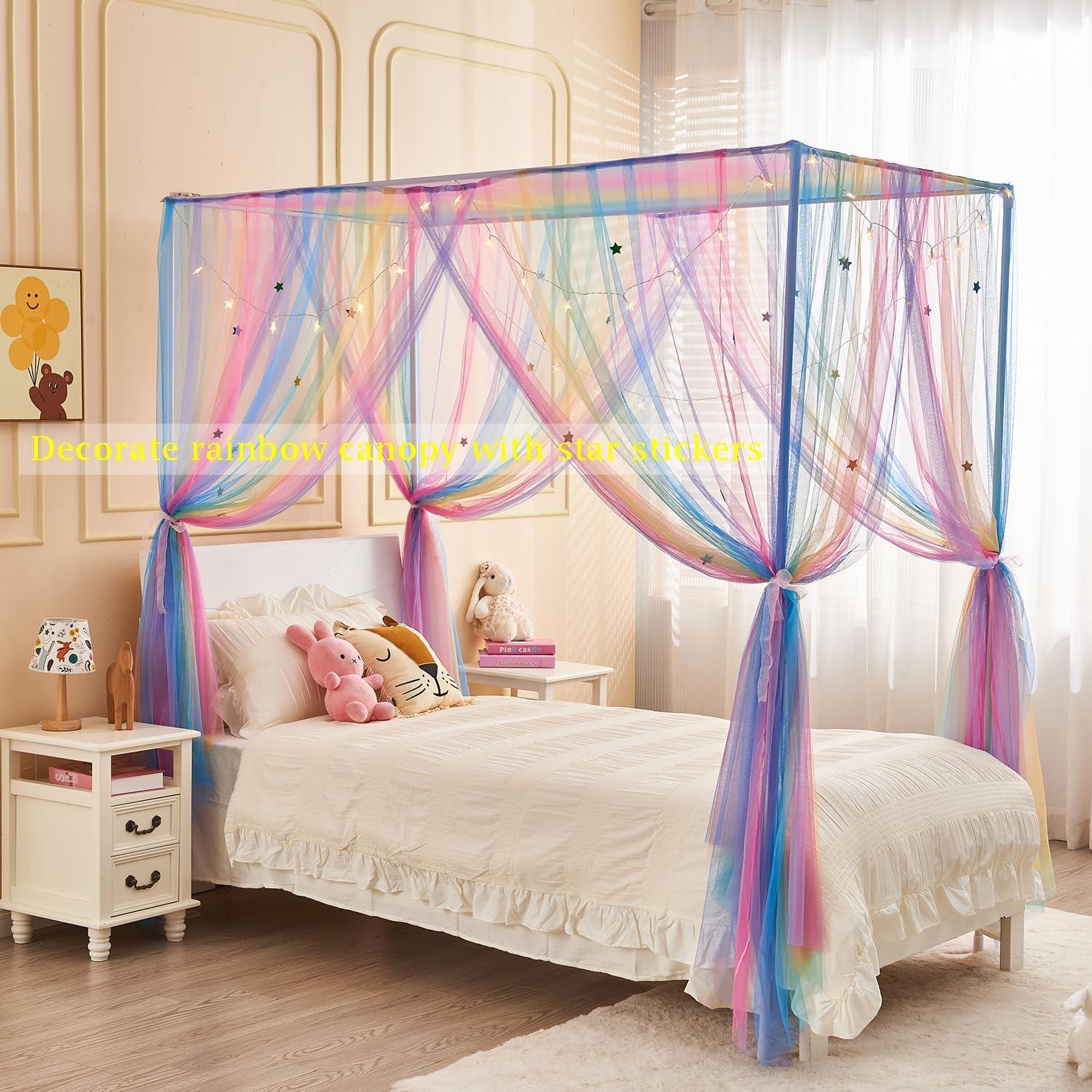 Dosel Arcoíris JQWUPUP para Cama Individual con Cortinas y Estrellas
